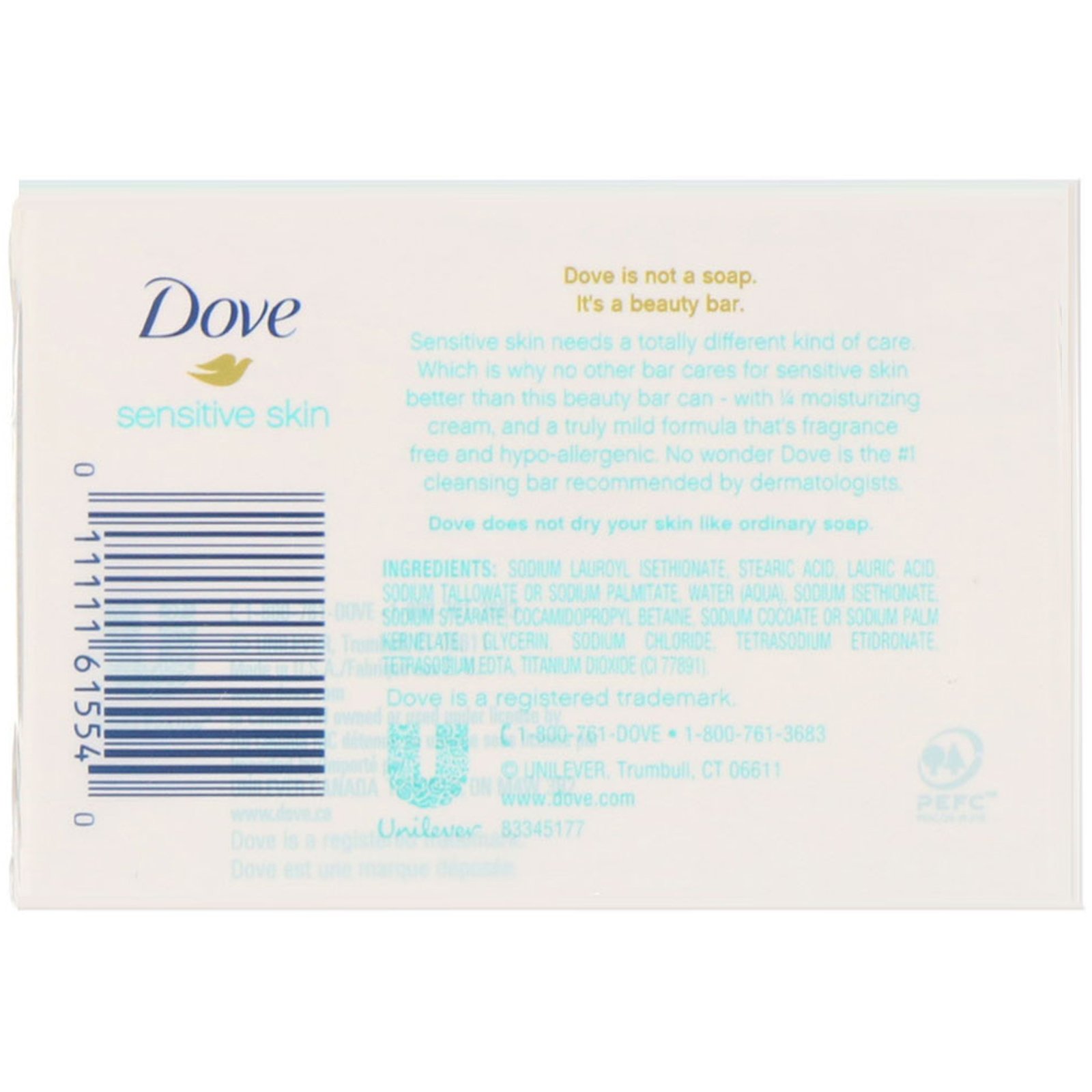 Dove, Sabonete de beleza em barra para pele sensível, sem perfume, 4 barras, 113 g cada - Imagem 2