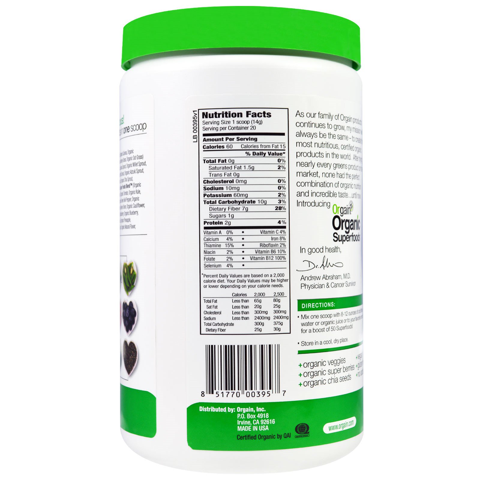 Orgain, Organic Superfoods, All-In-One Super Nutrition, Sabor Original Natural, 280 g (0,62 lb) - Imagem 2