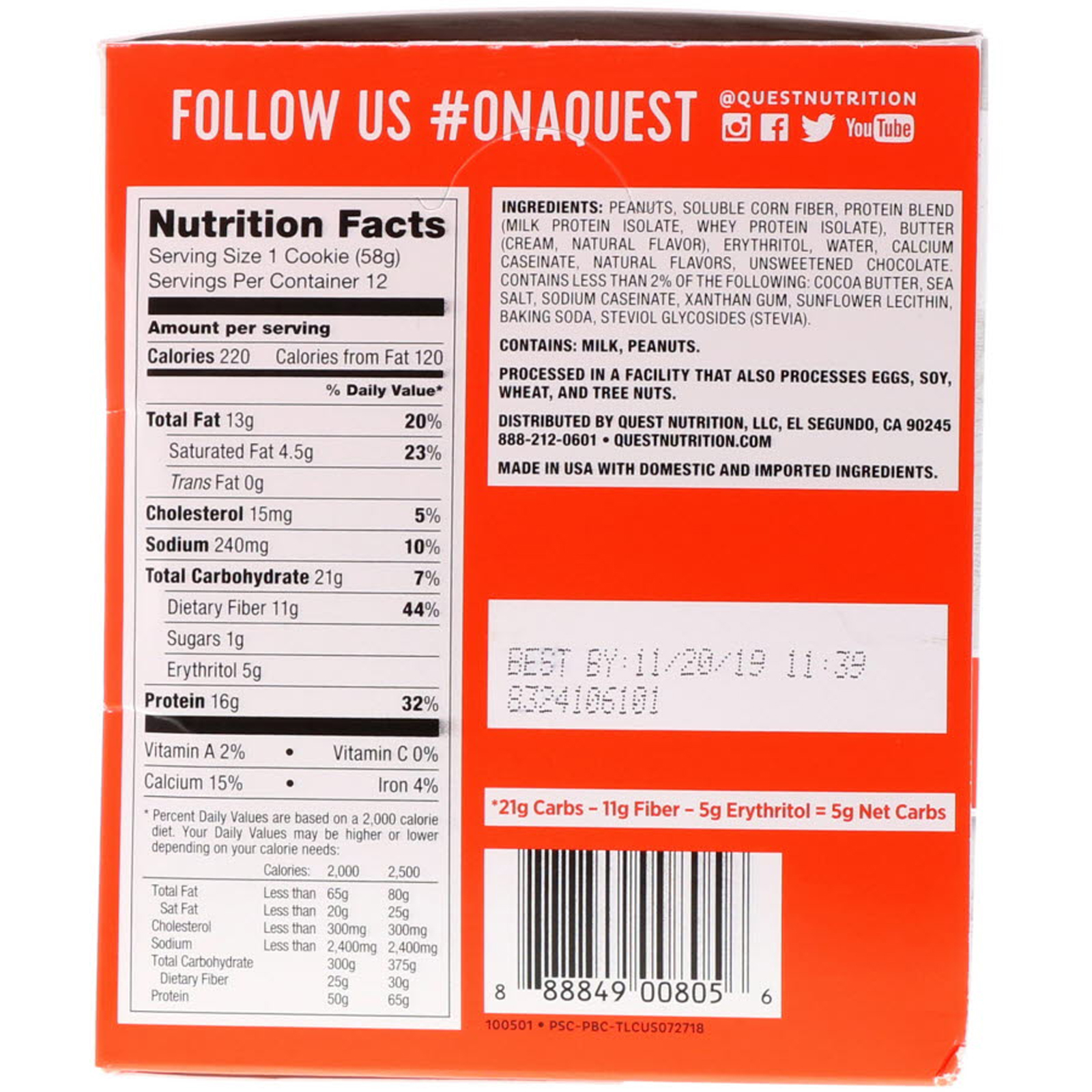 Quest Nutrition, Biscoito de Proteína, Manteiga de Amendoim e Gotas de Chocolate, Embalagem com 12, 58 g Cada - Imagem 3