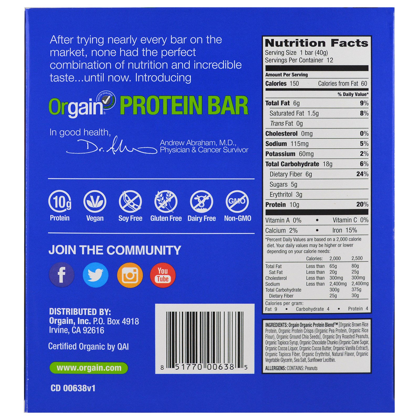 Orgain, Barra de Proteína Orgânica à Base de Plantas, Pedaço de Chocolate com Manteiga de Amendoim, 12 Barras, 40 g (1,41 oz) Cada - Imagem 3