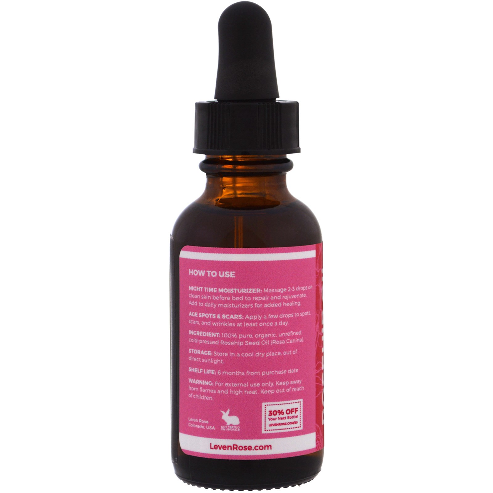 Leven Rose, Óleo de Rosa Mosqueta 100% Puro & Orgânico, 1 fl oz (30 ml) - Imagem 2
