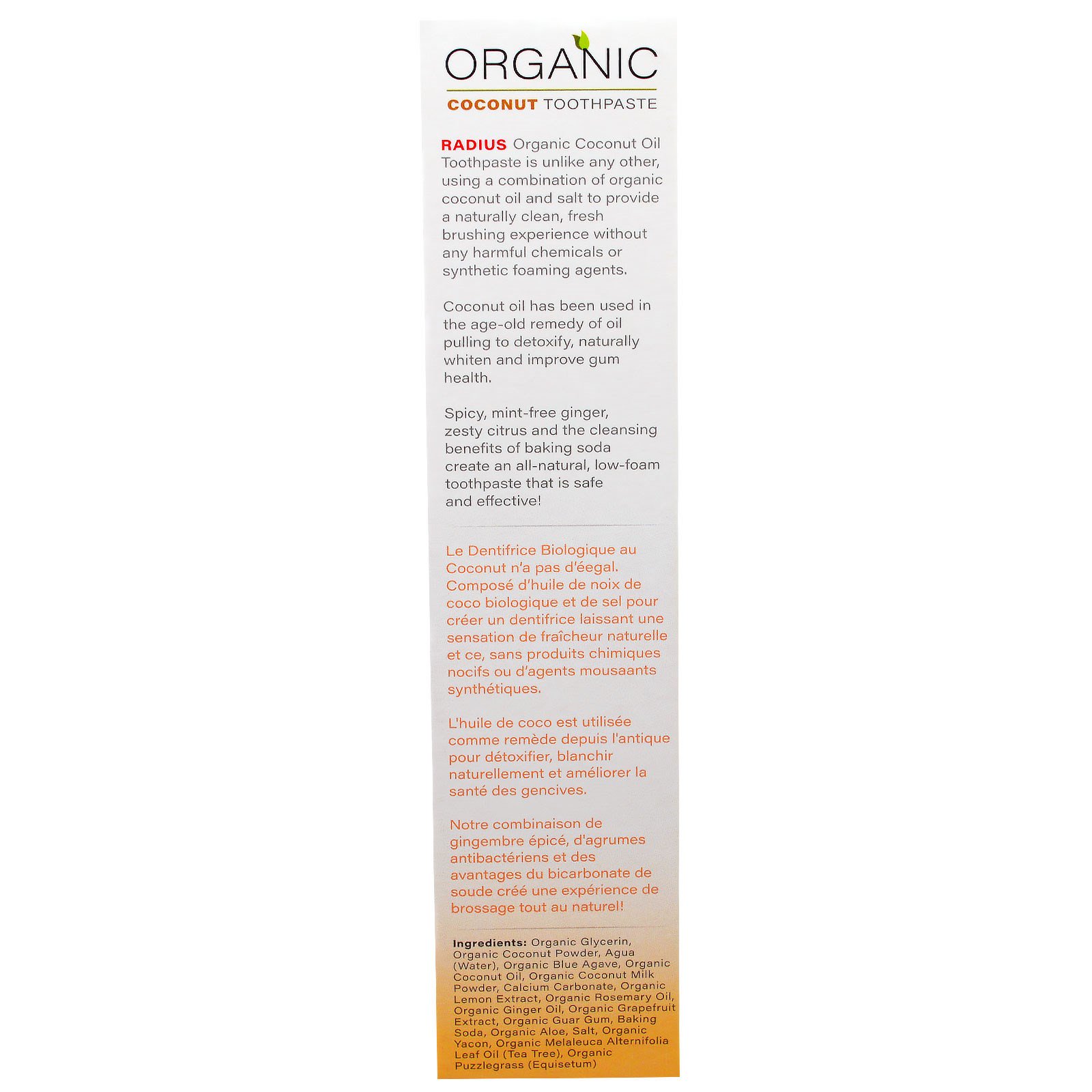 RADIUS, Creme Dental Orgânico USDA Sabor Coco, Gengibre Cítrico, 3 oz (85 g) - Imagem 2
