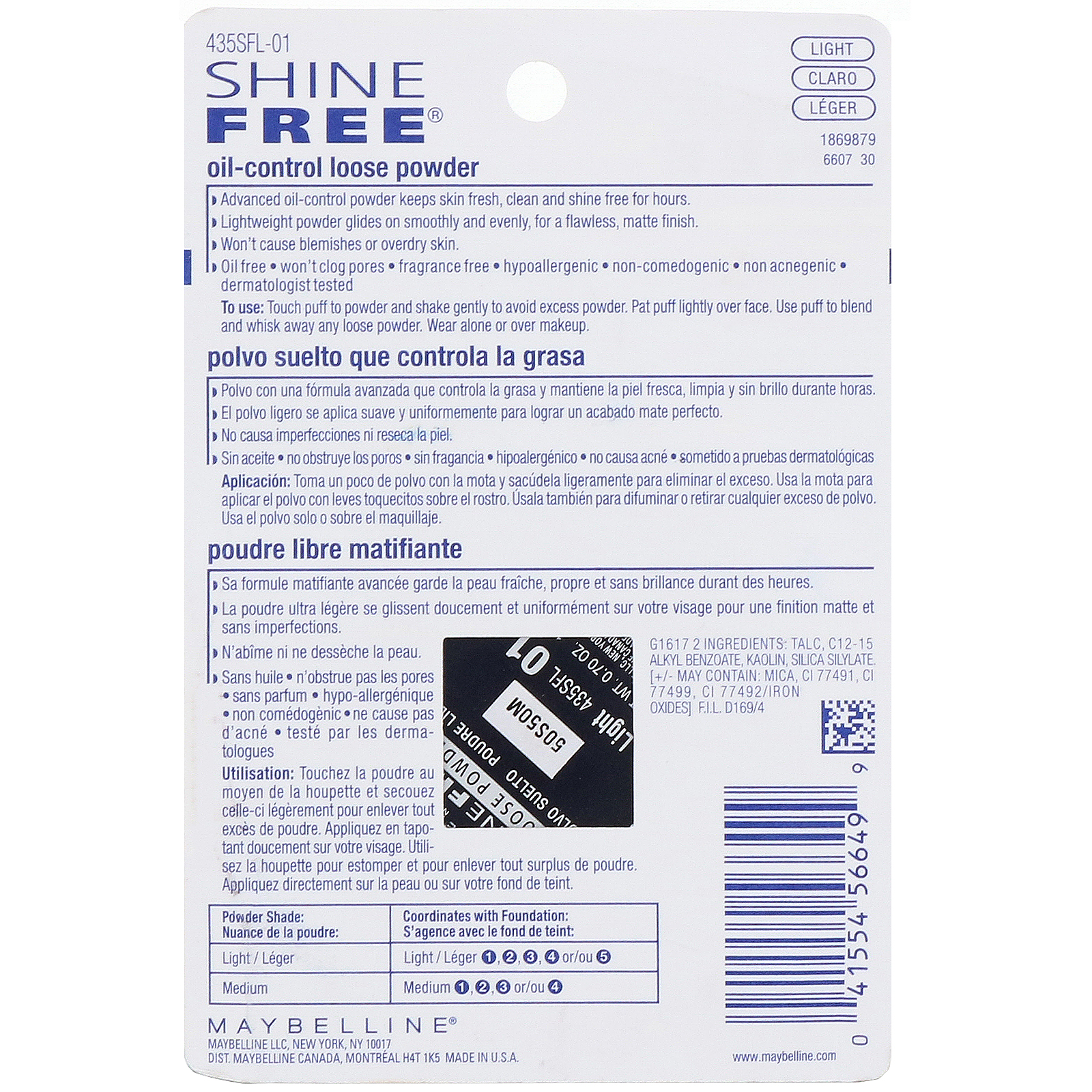 Maybelline, Shine Free, Oil-Control Loose Powder, Light, 0.7 oz (19.8 g) - Imagem 3