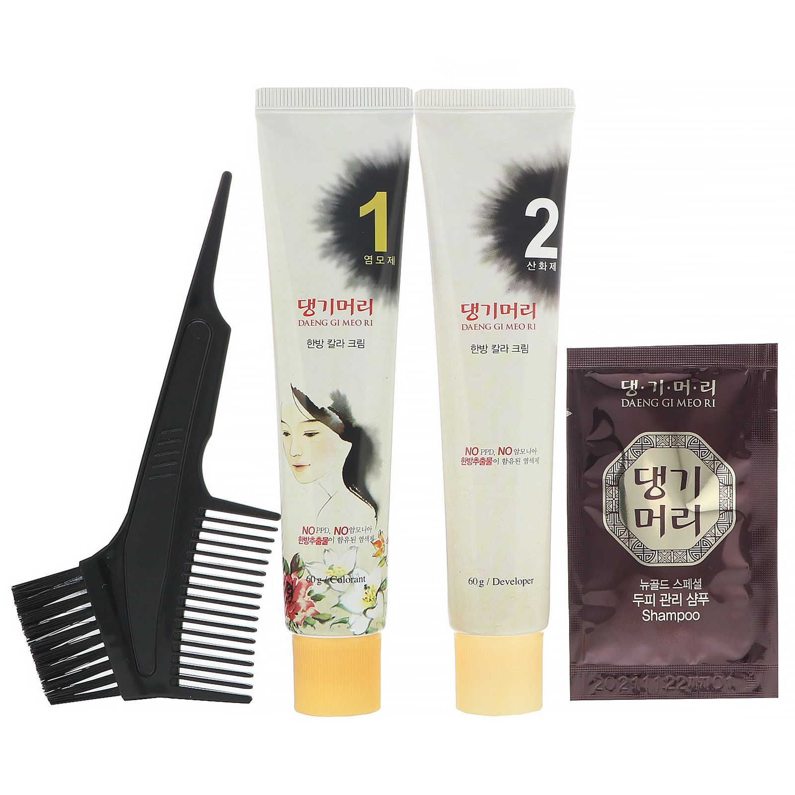 Doori Cosmetics, Daeng Gi Meo Ri, Tintura para cabelo de ervas medicinais, Castanho escuro, 1 kit