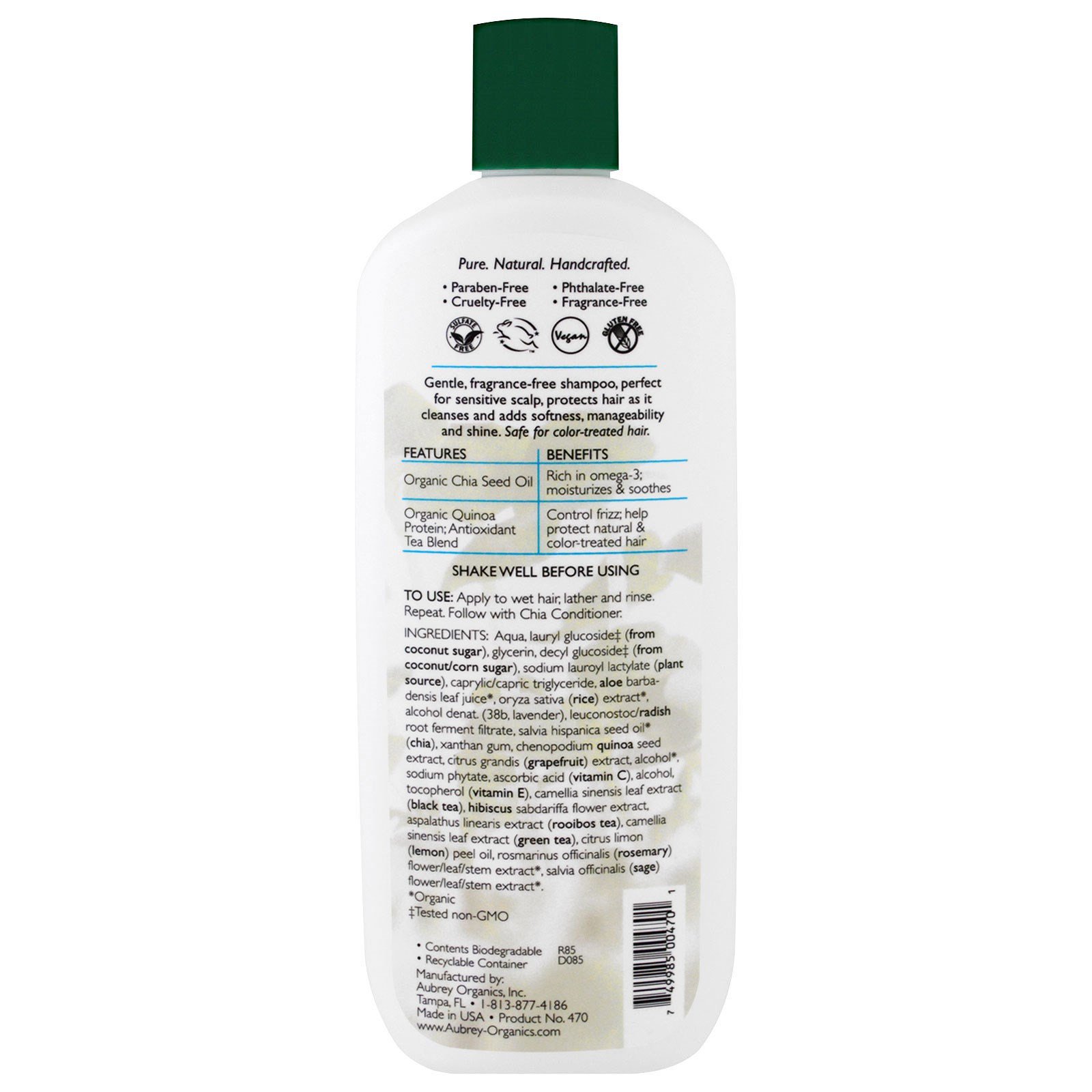 Aubrey Organics, Shampoo, Tratamento da Cor, Todos/Sensíveis, Chia, 11 fl oz (325 ml) - Imagem 2