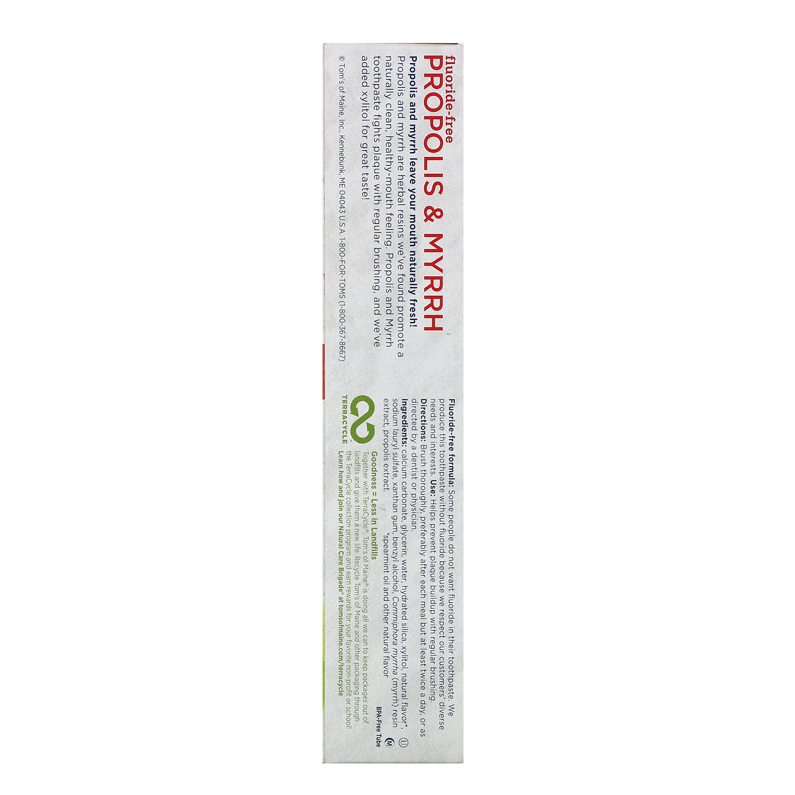 Tom's of Maine, Natural Antiplaue, Propolis & Myrrh Toothpaste, Fluoride-Free, Spearmint, 5.5 oz (155.9 g) - Imagem 3