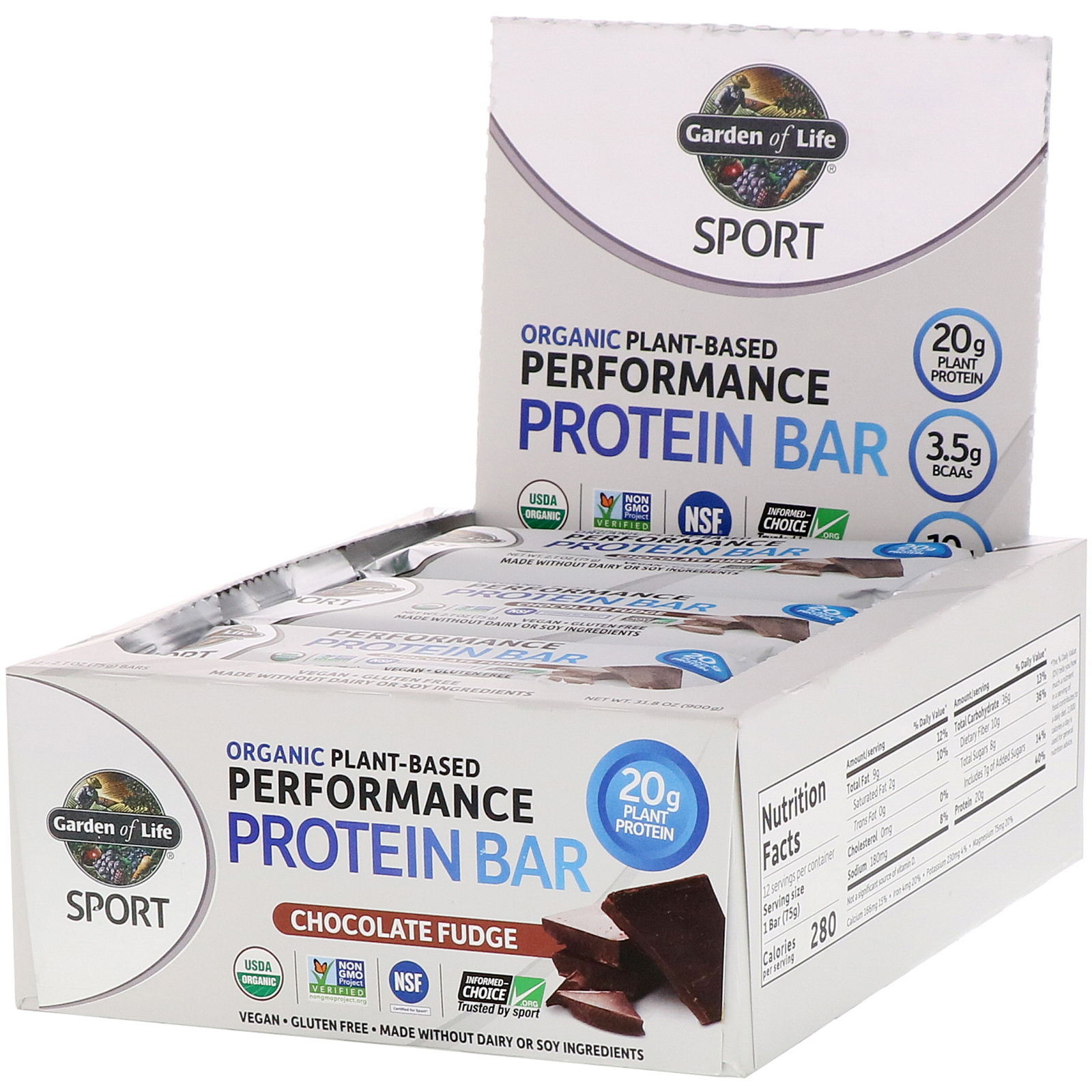 Garden of Life, Sport, Barra de Proteínas Orgânicas de Desempenho à Base de Plantas, Fudge de Chocolate, 12 Barras, 75 g (2,7 oz) Cada
