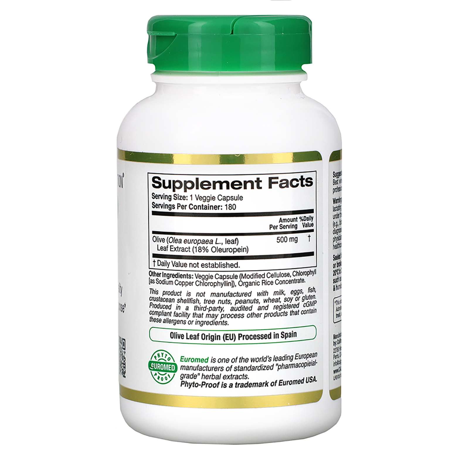 California Gold Nutrition, Extrato de Folha de Oliveira, EuroHerbs, Qualidade Europeia, 500 mg, 180 Cápsulas Vegetais - Imagem 2
