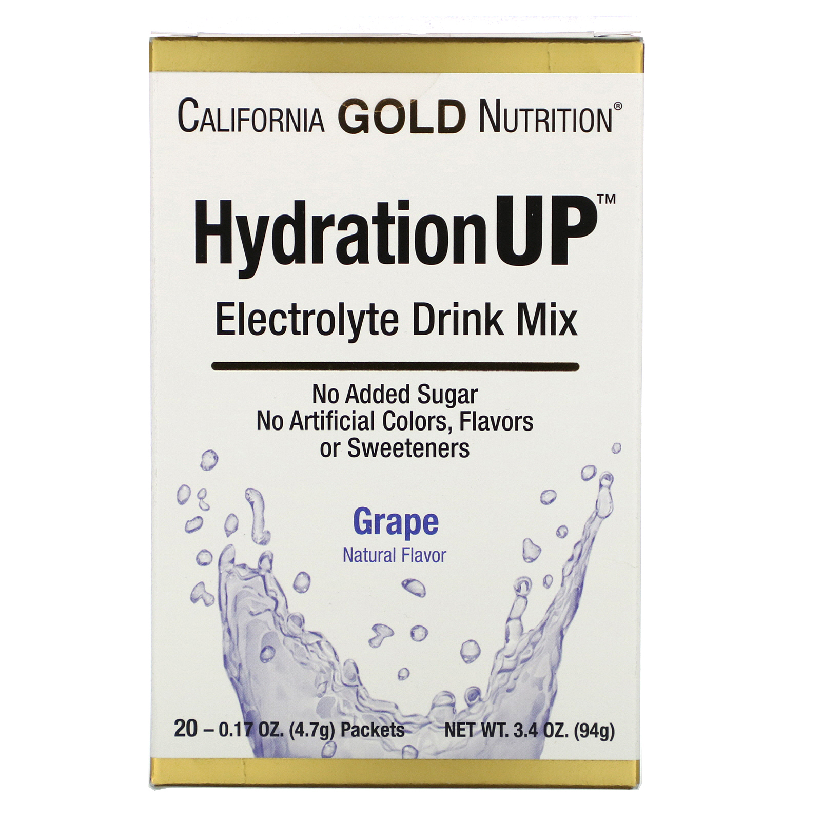 California Gold Nutrition, HydrationUP, Mistura de Bebida com Eletrólitos, Uva, 20 Pacotes, 0,17 oz (4,7 g) Cada