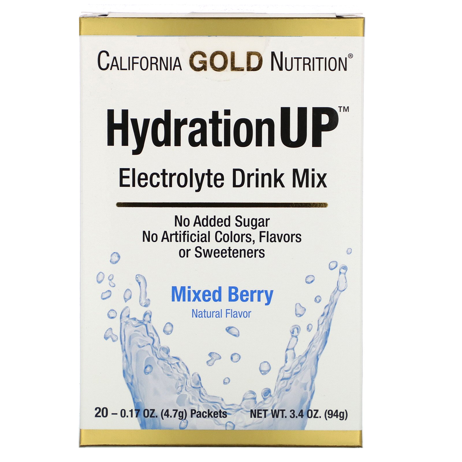 California Gold Nutrition, HydrationUP, Mix de Bebidas com Eletrólitos, Mistura de Frutos Silvestres, 20 Pacotes, 0,17 oz (4,7 g) Cada