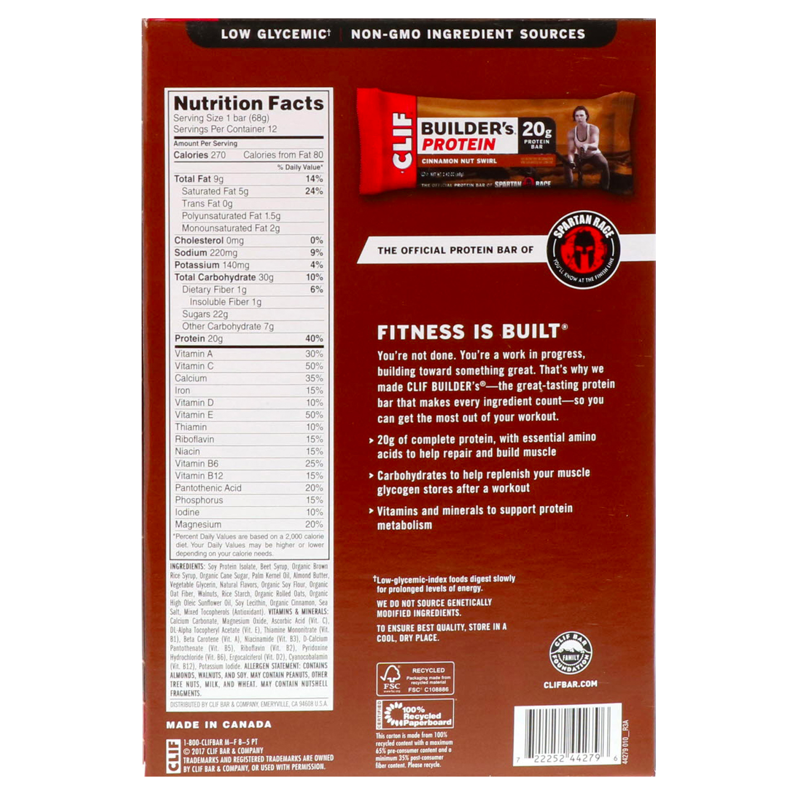 Clif Bar, Builder's Protein Bar, Cinnamon Nut Swirl, 12 Bars, 2.40 oz (68 g) Each - Imagem 3