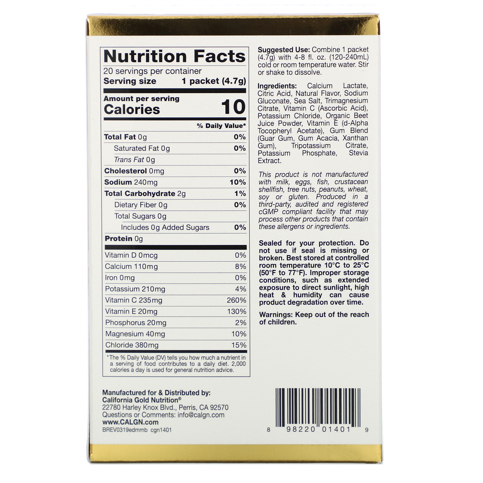 California Gold Nutrition, HydrationUP, Mix de Bebidas com Eletrólitos, Mistura de Frutos Silvestres, 20 Pacotes, 0,17 oz (4,7 g) Cada - Imagem 2
