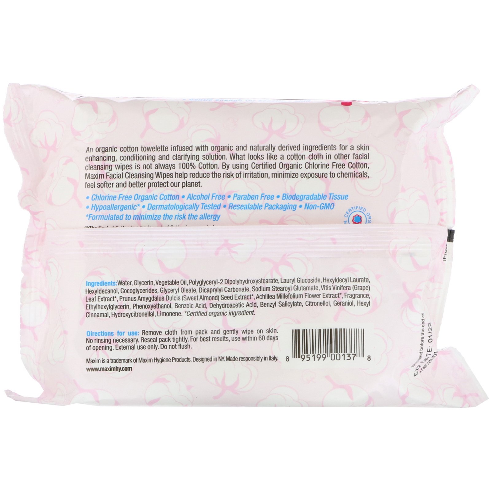 Maxim Hygiene Products, Toalhetes de Rosto de Algodão Orgânico, 30 Toalhetes Úmidos - Imagem 2