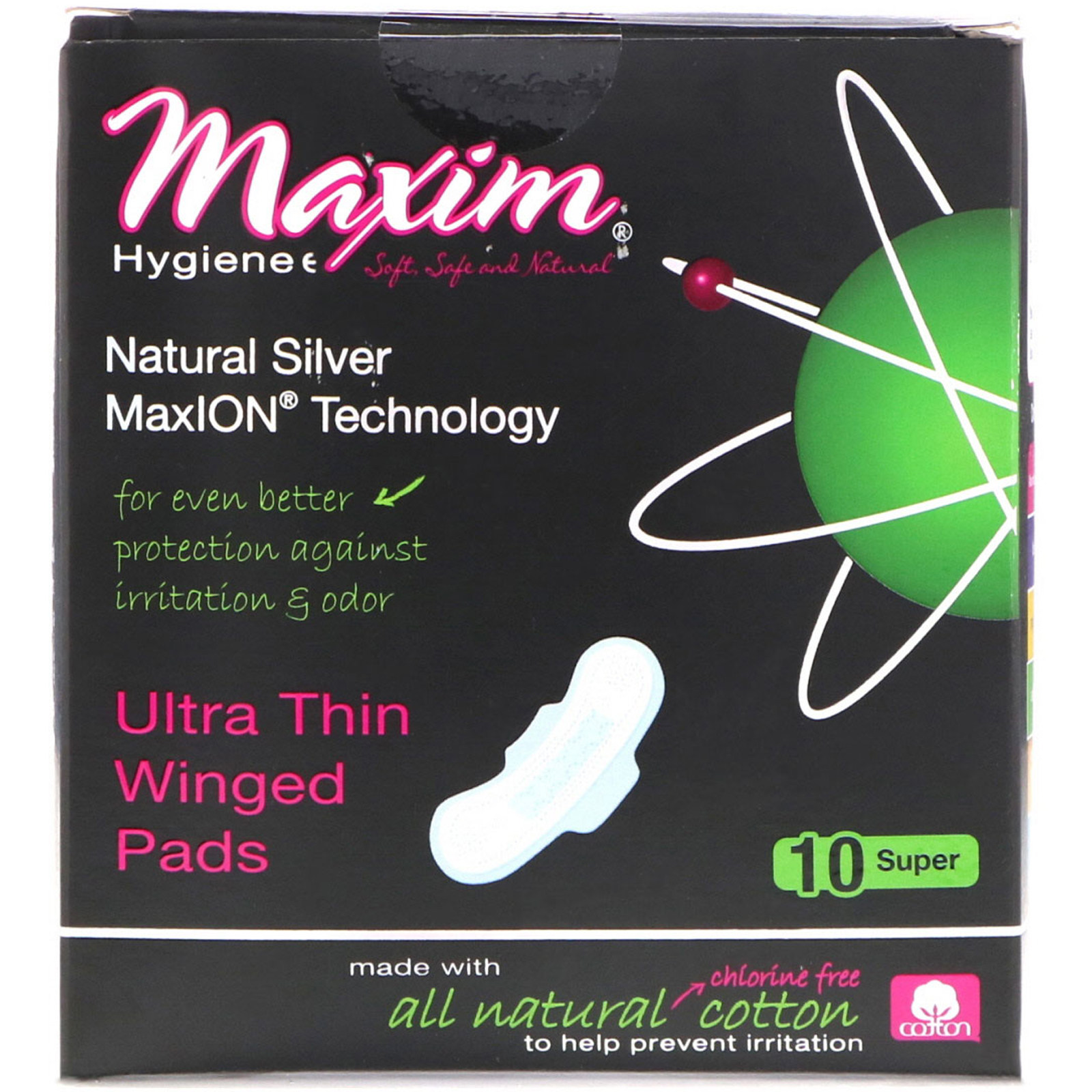 Maxim Hygiene Products, Absorventes ultrafinos com abas, tecnologia natural Silver MaxION, super, 10 unidades