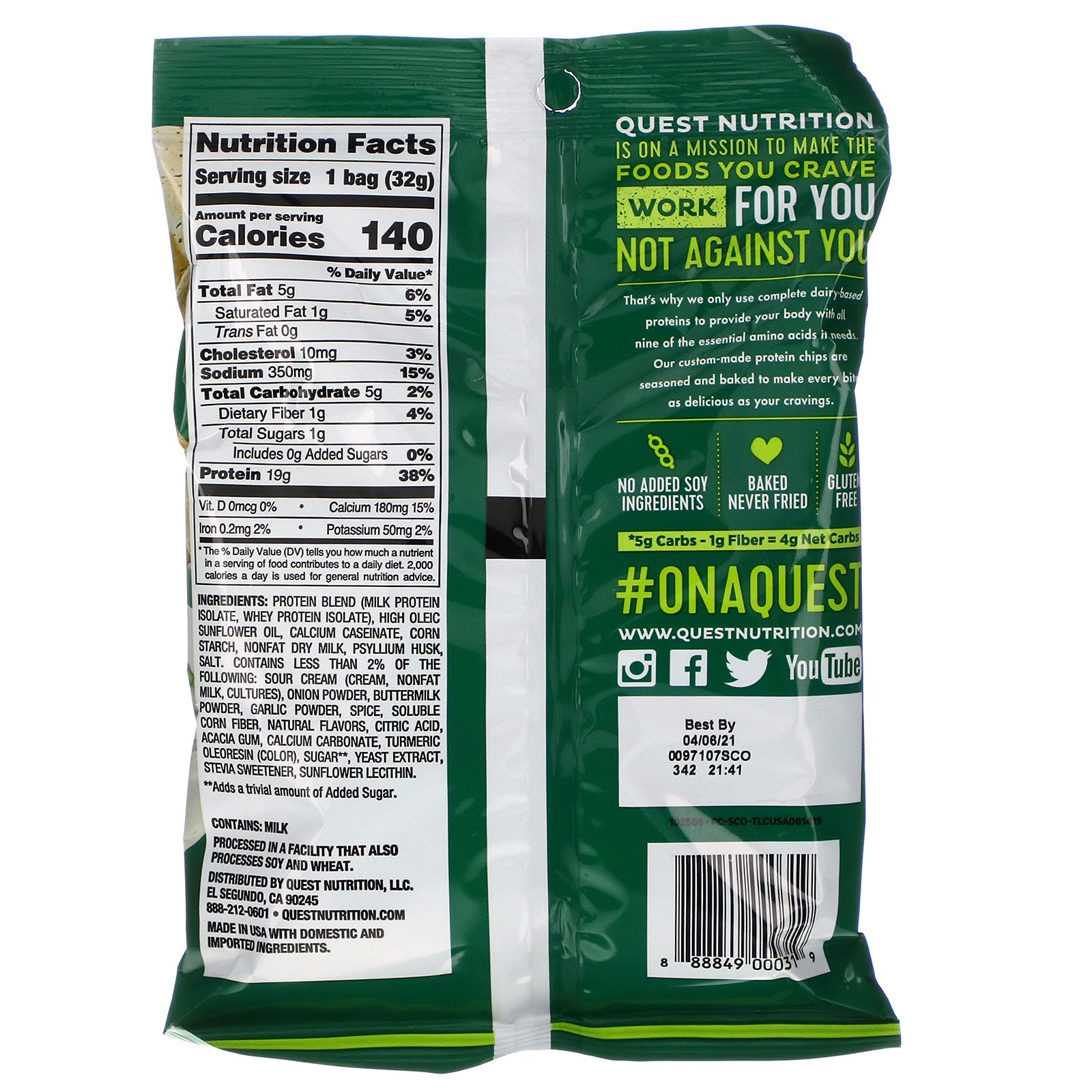 Quest Nutrition, Original Style Protein Chips, Sour Cream & Onion, 12 Pack, 1.1 oz (32 g) Each - Imagem 2