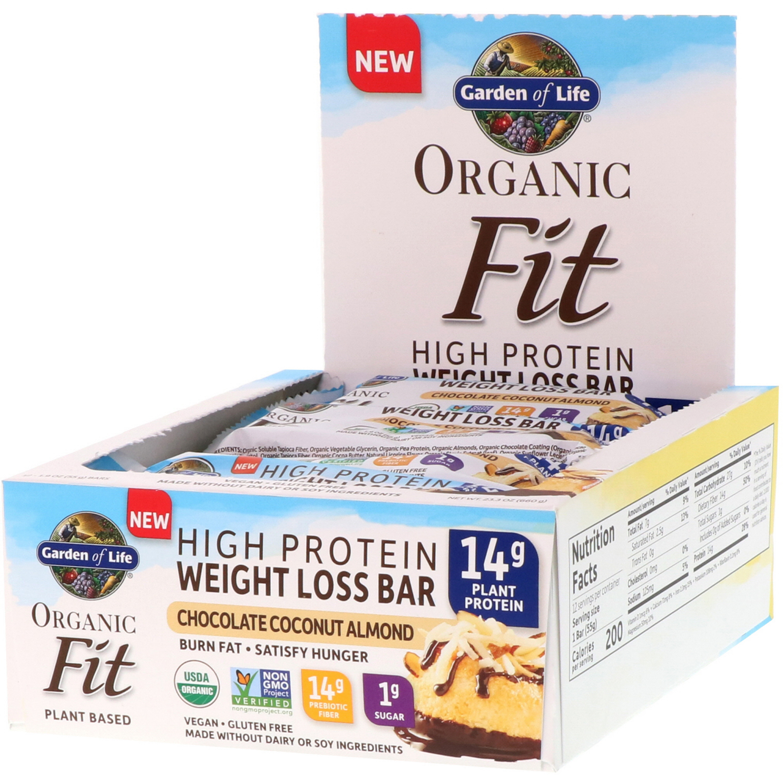 Garden of Life, Organic Fit, Barra com Alto Teor Proteico para Perda de Peso, Sabor Chocolate, Coco e Amêndoa, 12 Barras, 55 g (1,9 oz) Cada