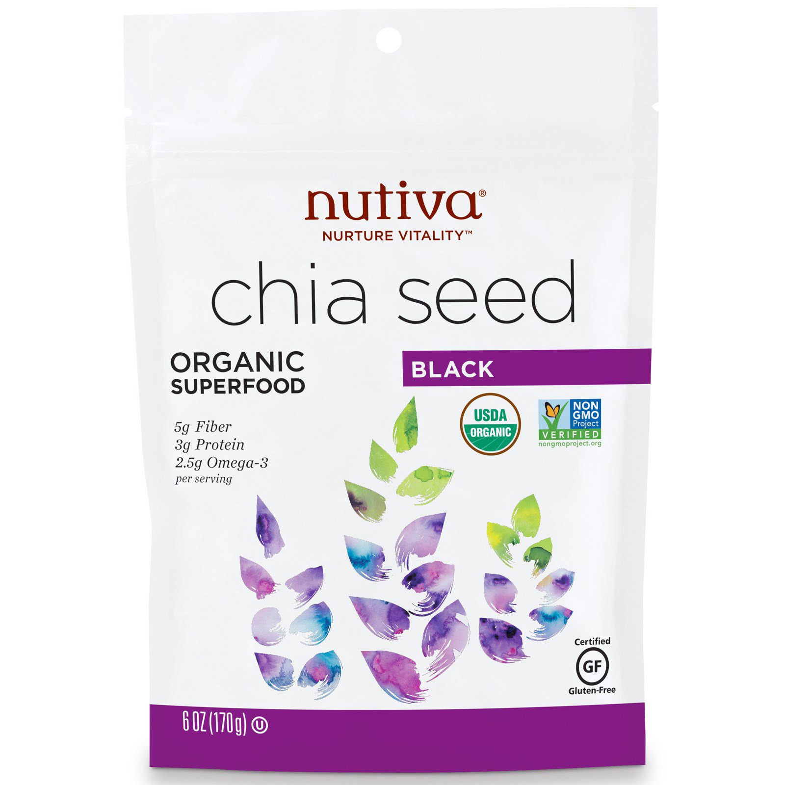 Nutiva, Semente de chia orgânica, preta, 6 oz (170 g)