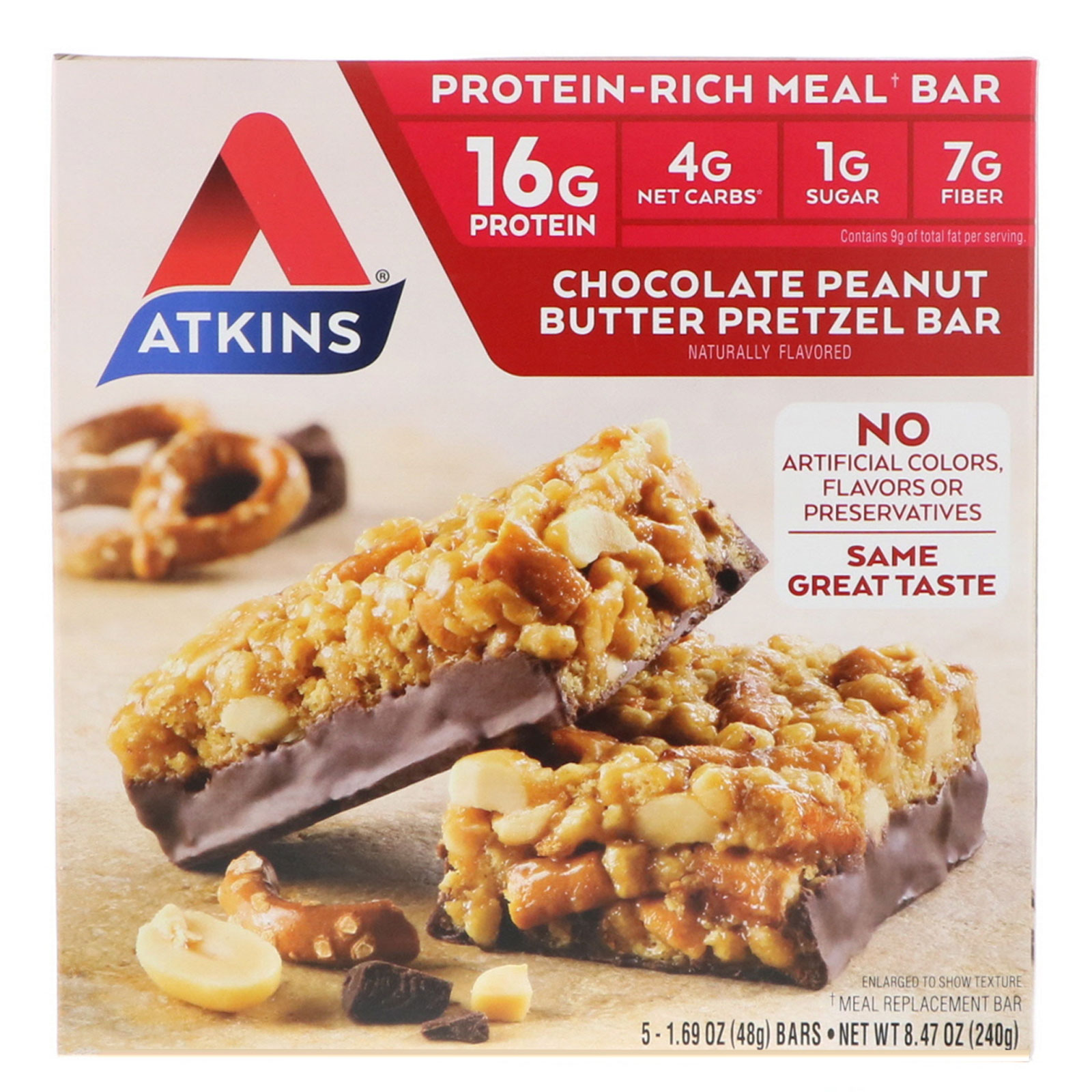 Atkins, Barra de Pretzel de Manteiga de Amendoim e Chocolate, 5 Barras, 48 g (1,69 oz) Cada