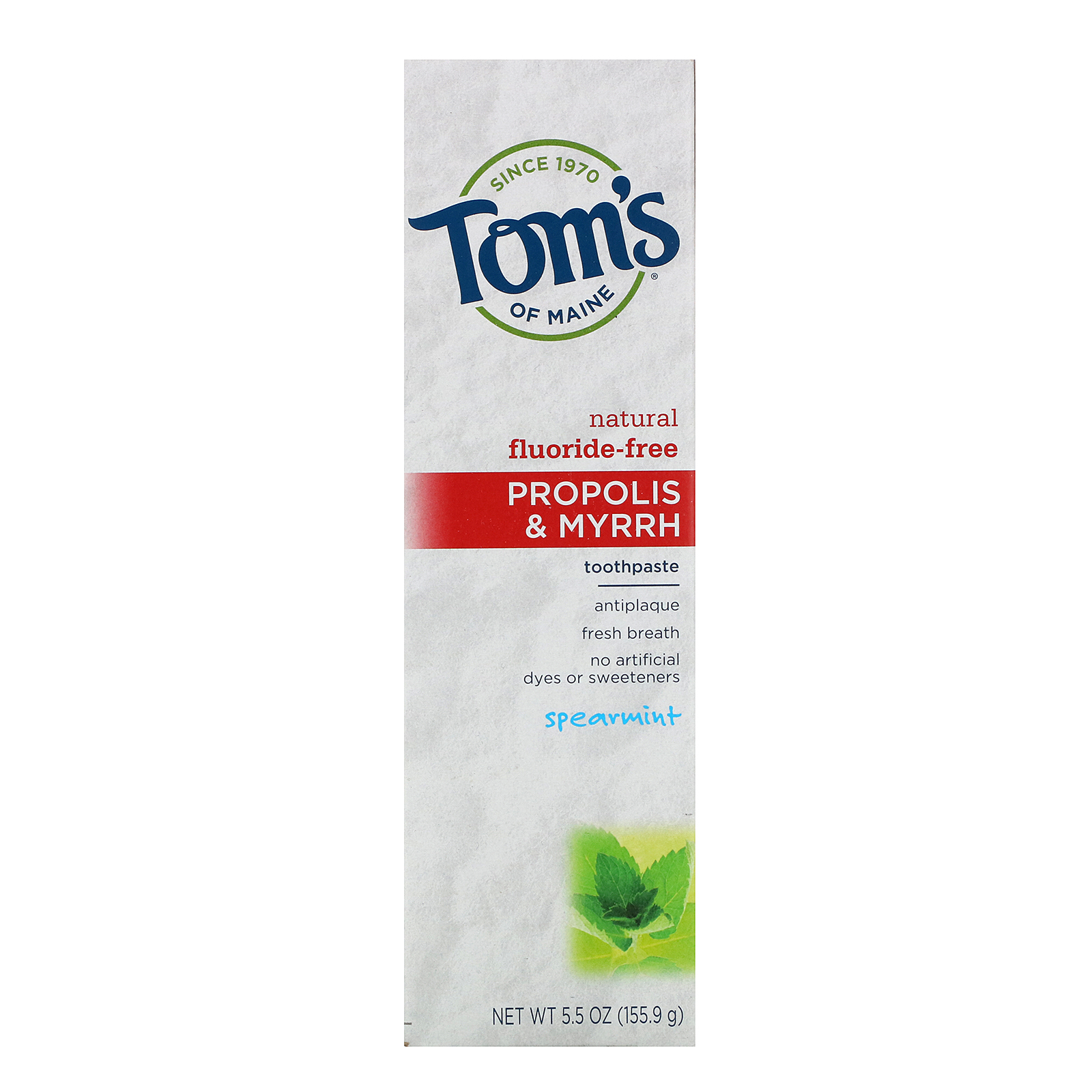 Tom's of Maine, Natural Antiplaue, Propolis & Myrrh Toothpaste, Fluoride-Free, Spearmint, 5.5 oz (155.9 g) - Imagem 2