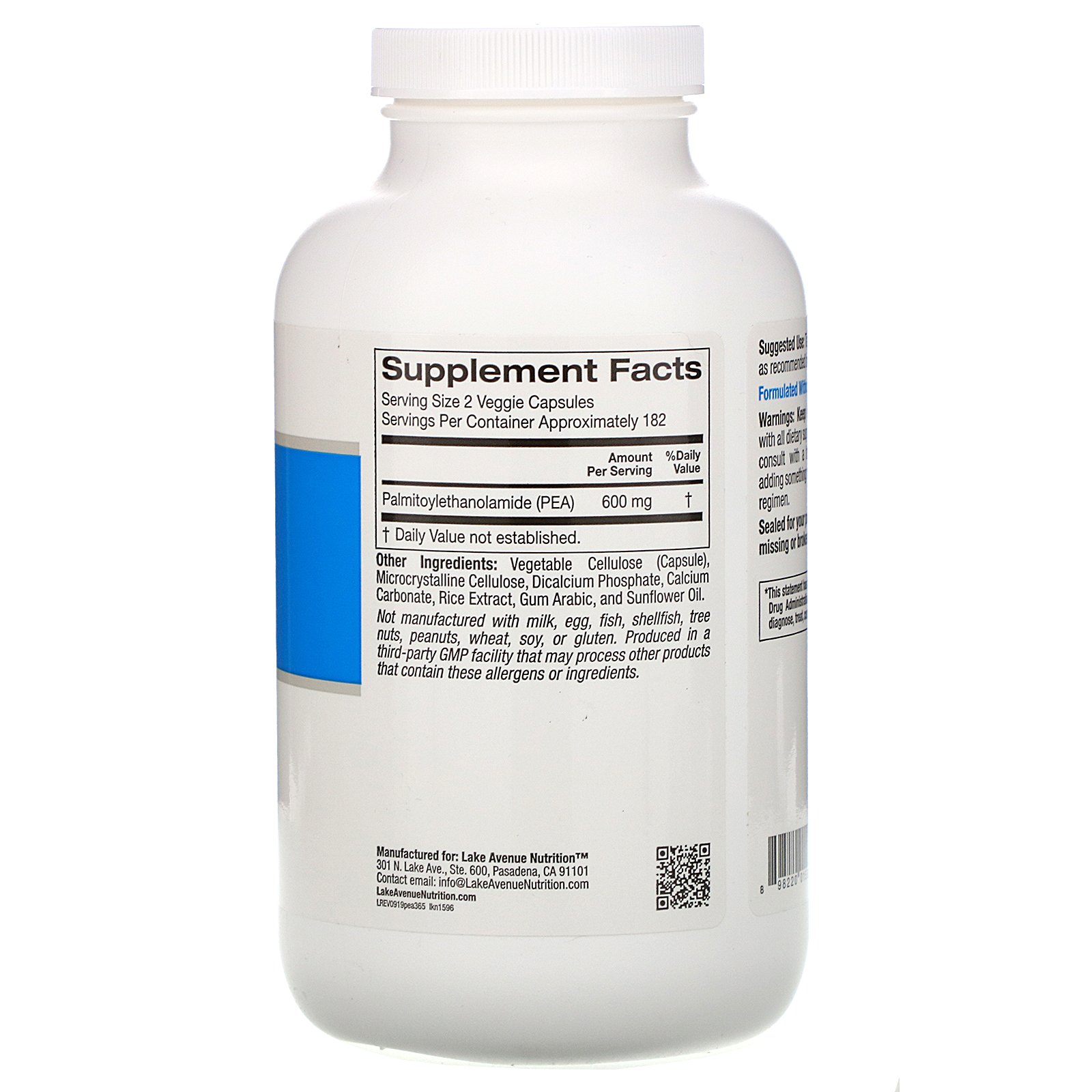Lake Avenue Nutrition, PEA (Palmitoiletanolamida), 600 mg, 365 Cápsulas Vegetais - Imagem 2