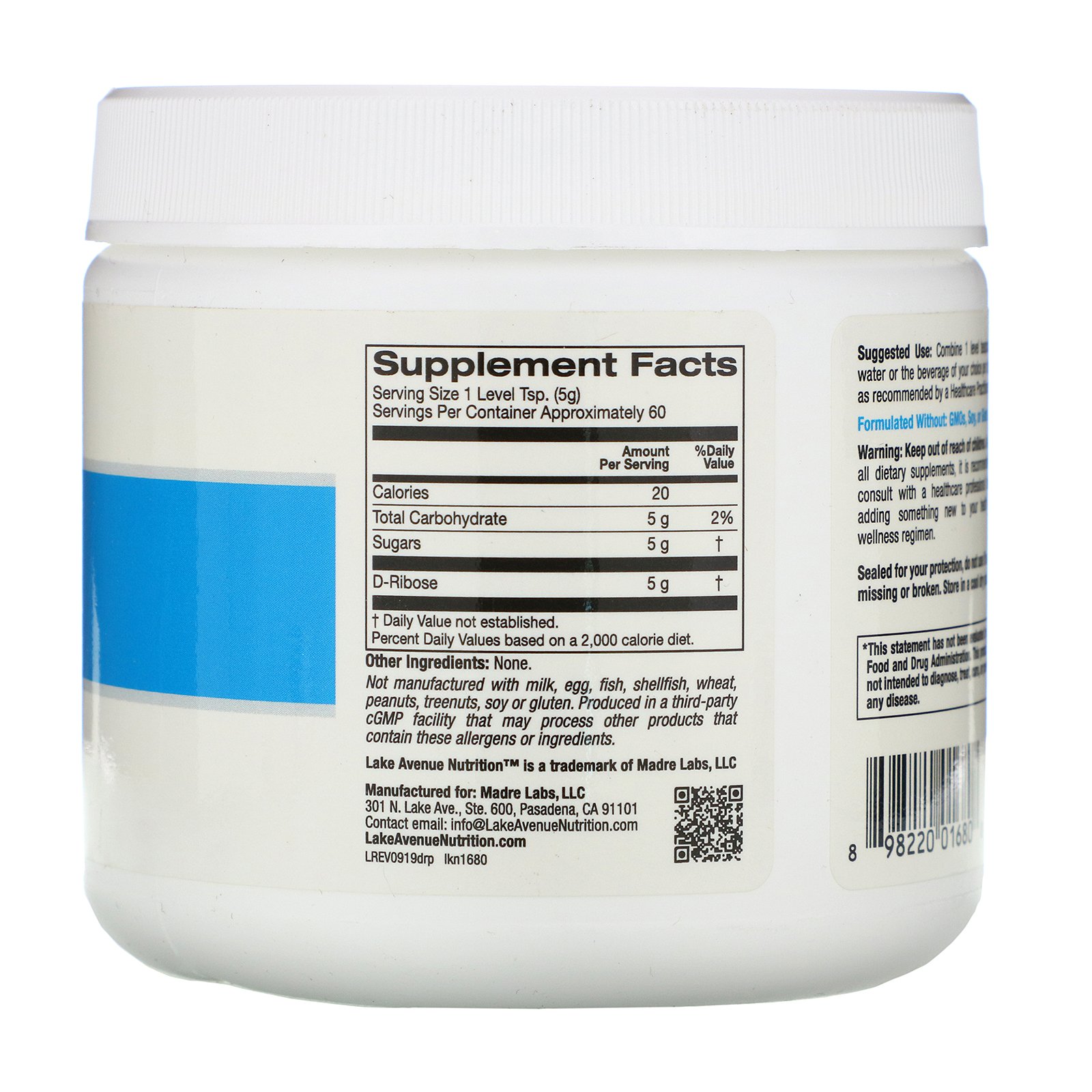 Lake Avenue Nutrition, D-Ribose em Pó, Sem Sabor, 300 g (10,6 oz) - Imagem 2