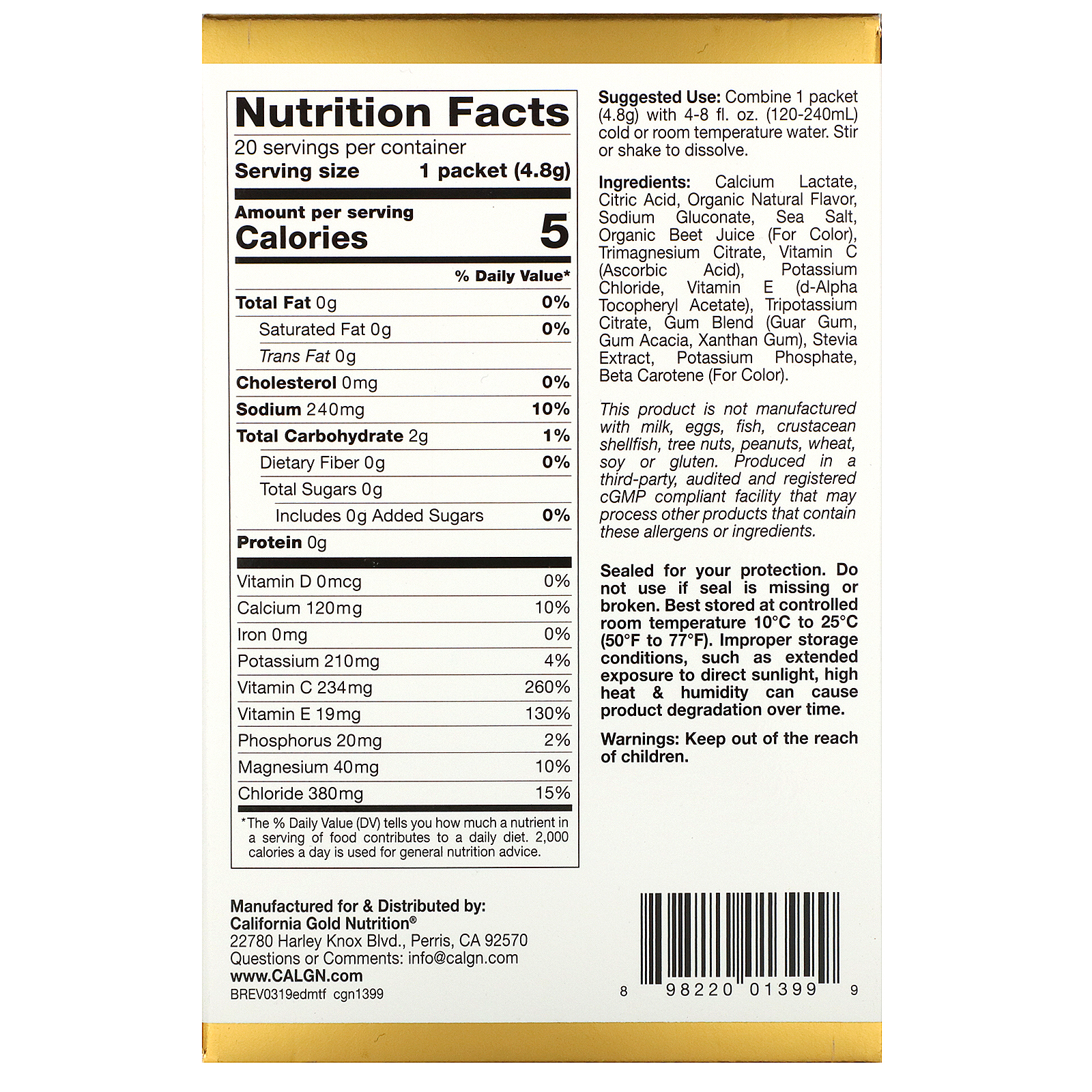 California Gold Nutrition, HydrationUP, Mix de Bebidas com Eletrólitos, Frutas Tropicais, 20 Pacotes, 0,17 oz (4,8 g) Cada - Imagem 2