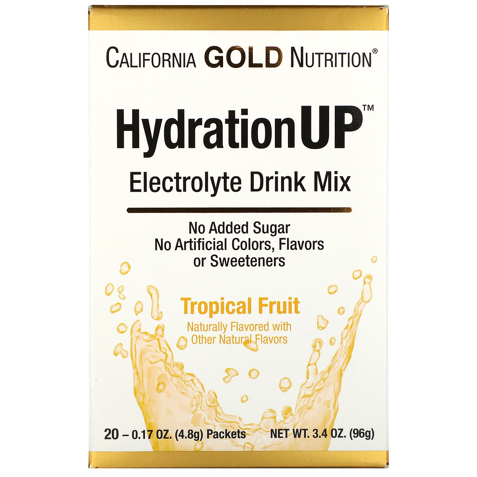 California Gold Nutrition, HydrationUP, Mix de Bebidas com Eletrólitos, Frutas Tropicais, 20 Pacotes, 0,17 oz (4,8 g) Cada