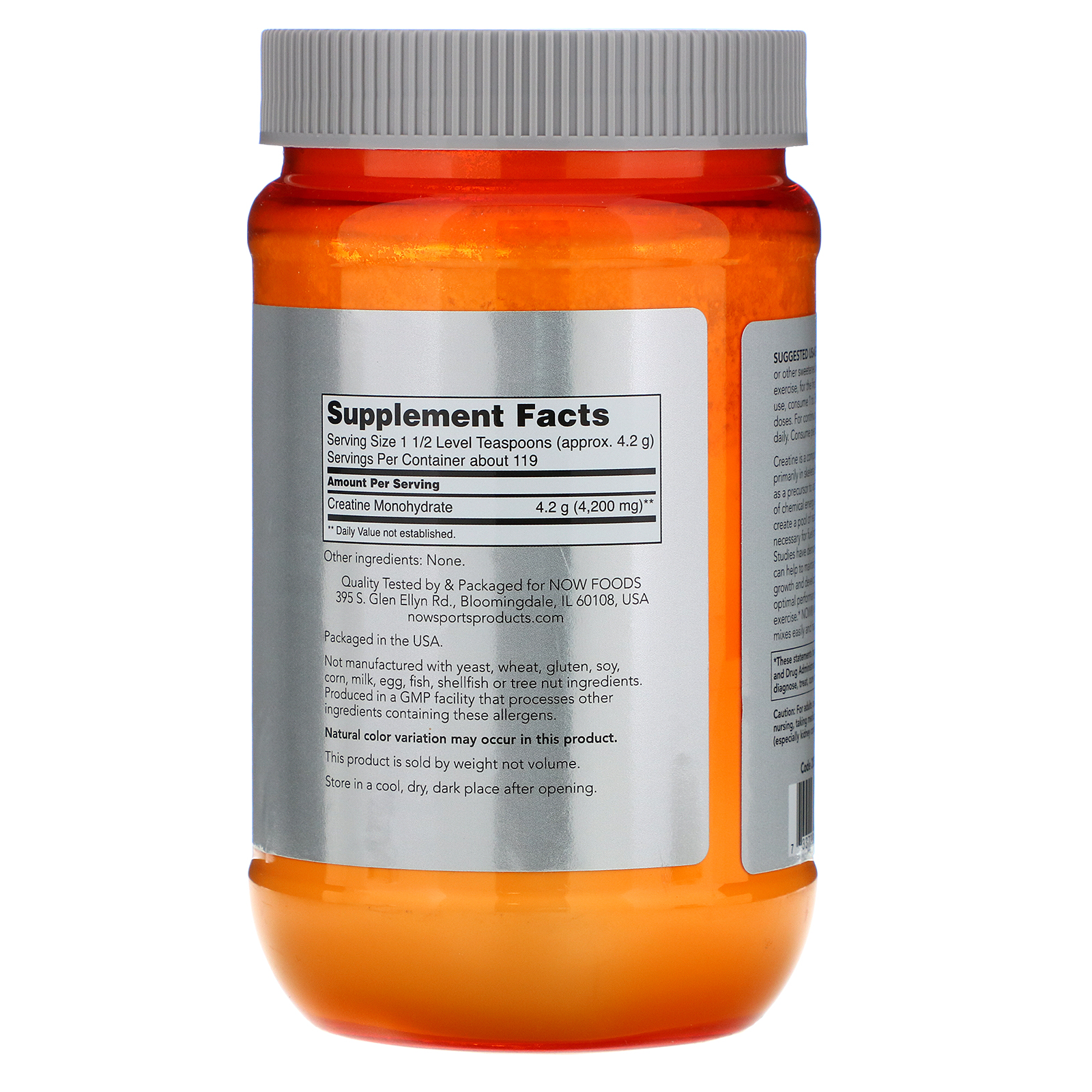 Now Foods, Sports, Creatina Monohidratado, Micronizado, 1,1 lbs (500 g) - Imagem 2