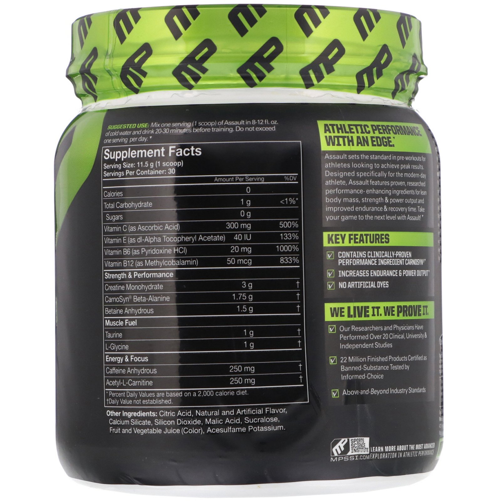 MusclePharm, Assault Energy + Strength, Pre-Workout, Blue Raspberry, 12.17 oz (345 g) - Imagem 2