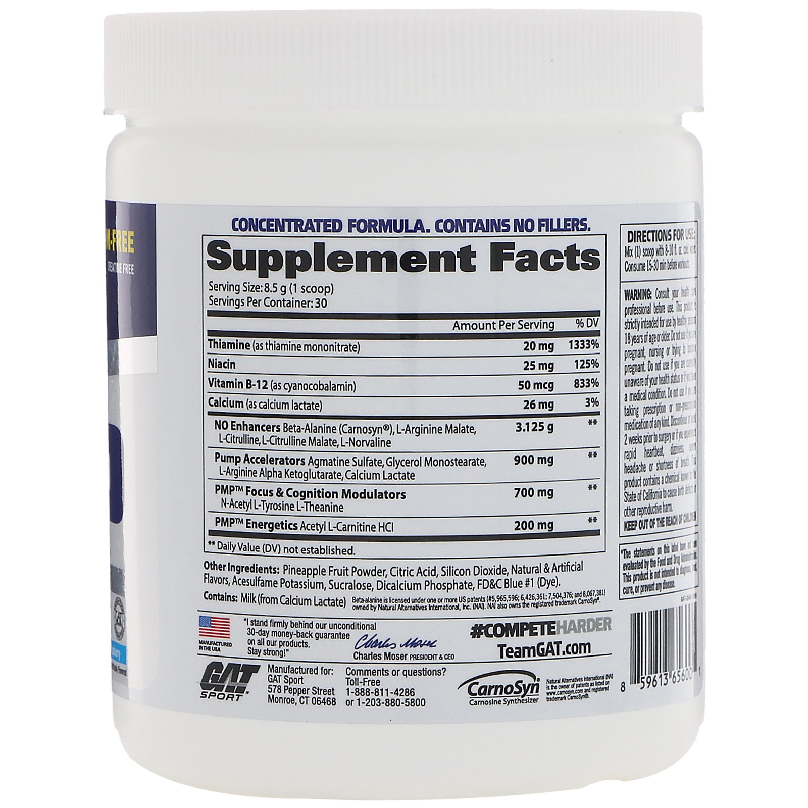 GAT, PMP, Pré-Treino, Pico de Desempenho Muscular, Framboesa Azul, 255 g (9 oz) - Imagem 2