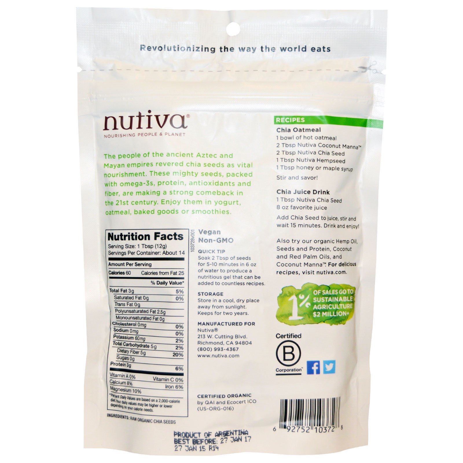 Nutiva, Semente de chia orgânica, preta, 6 oz (170 g) - Imagem 2