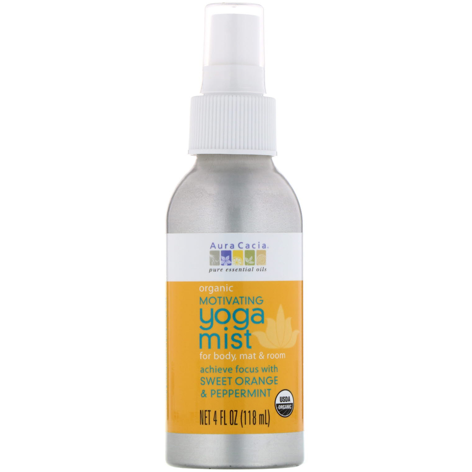 Aura Cacia, Orgânico, Yoga Mist, Motivação, Laranja Doce e Menta, 4 fl oz (118 ml)