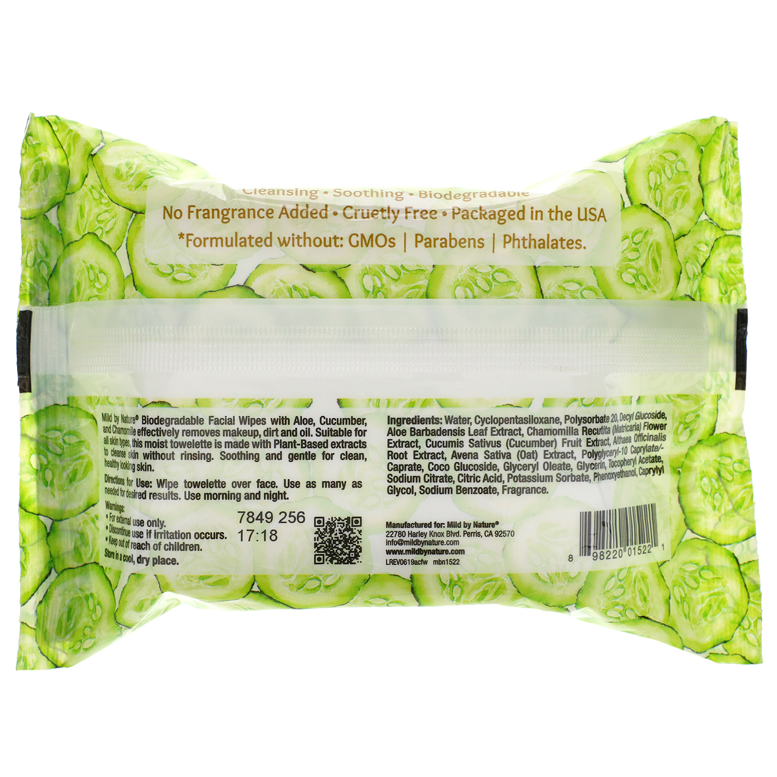 Mild By Nature, Aloe & Cucumber Facial Wipes, Biodegradáveis, 30 Toalhetes Pré-Umedecidos - Imagem 2