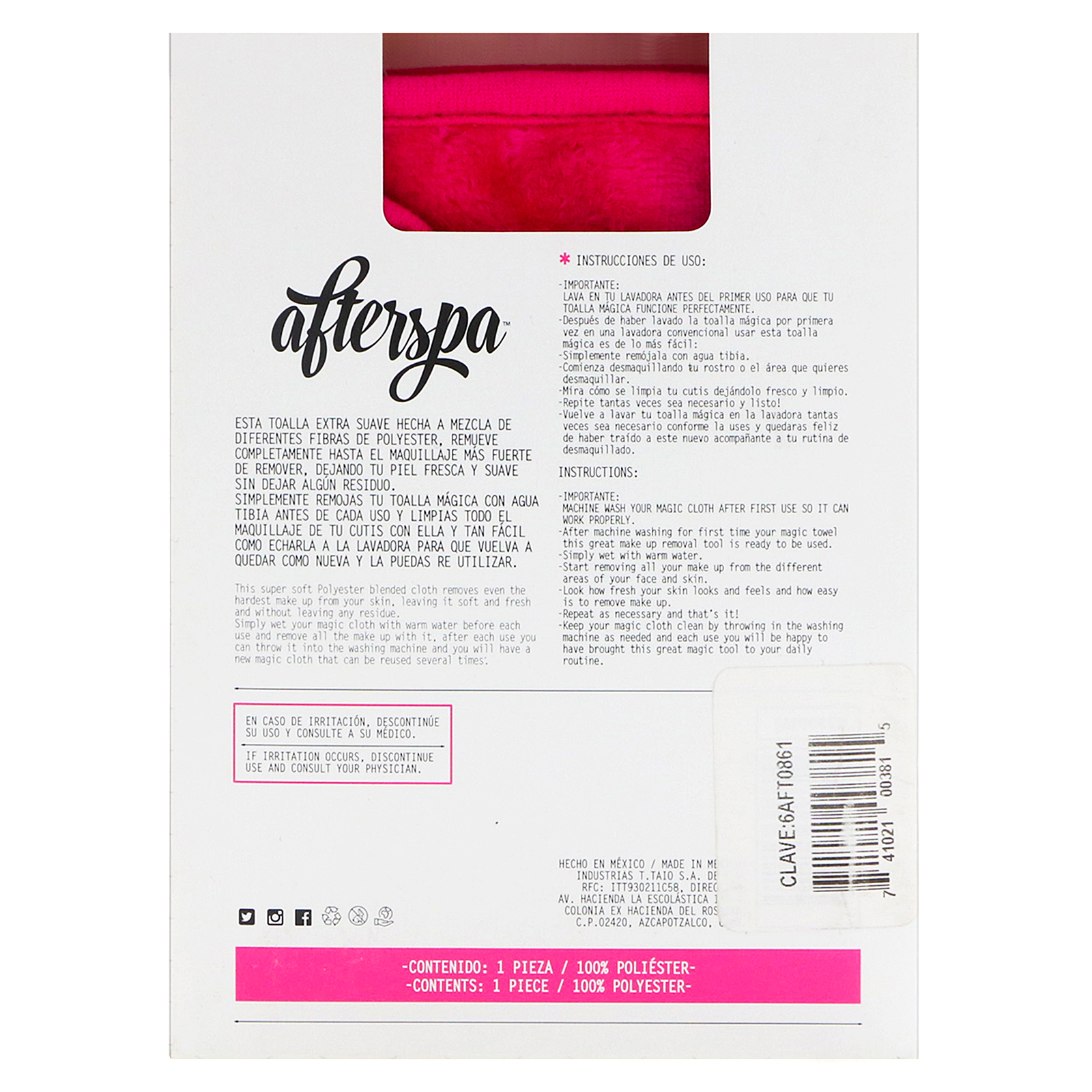 AfterSpa, Toalha Mágica Removedora de Maquiagem (reusável), Rosa, 1 toalha - Imagem 3
