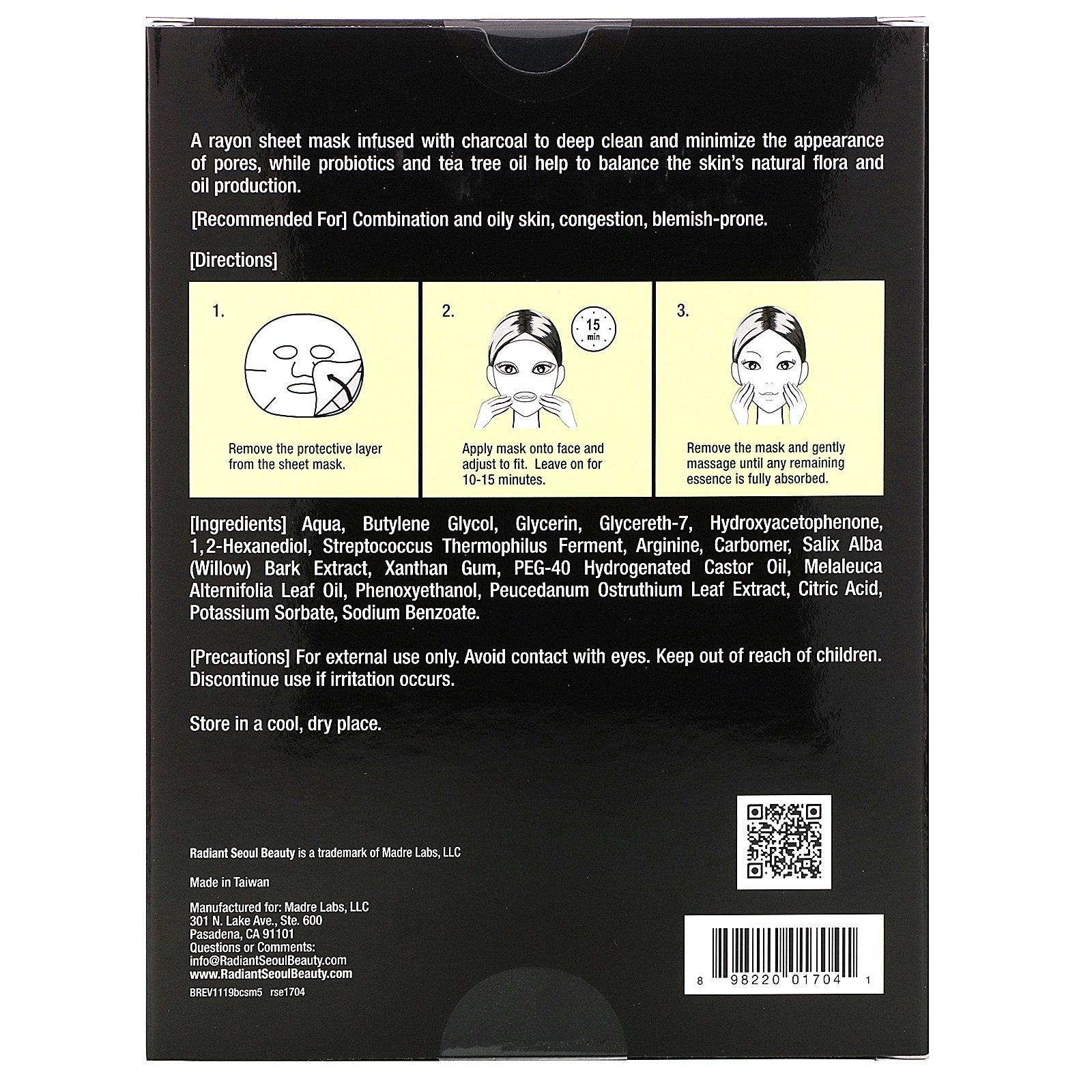 Radiant Seoul, Balancing Charcoal Sheet Masks, 5 Sheet Masks, 0.85 oz (25 ml) Each - Imagem 2