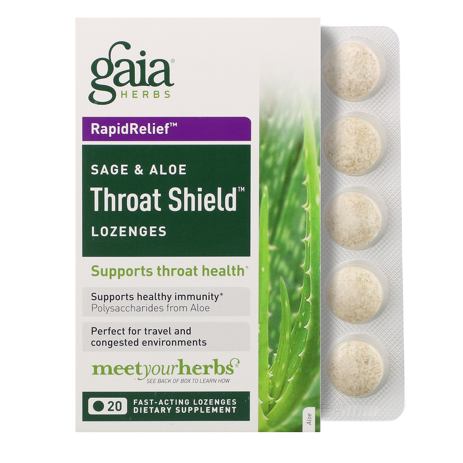 Gaia Herbs, Pastilha Escudo para a Garganta, Sálvia e Aloe, 20 Pastilhas de Ação Rápida
