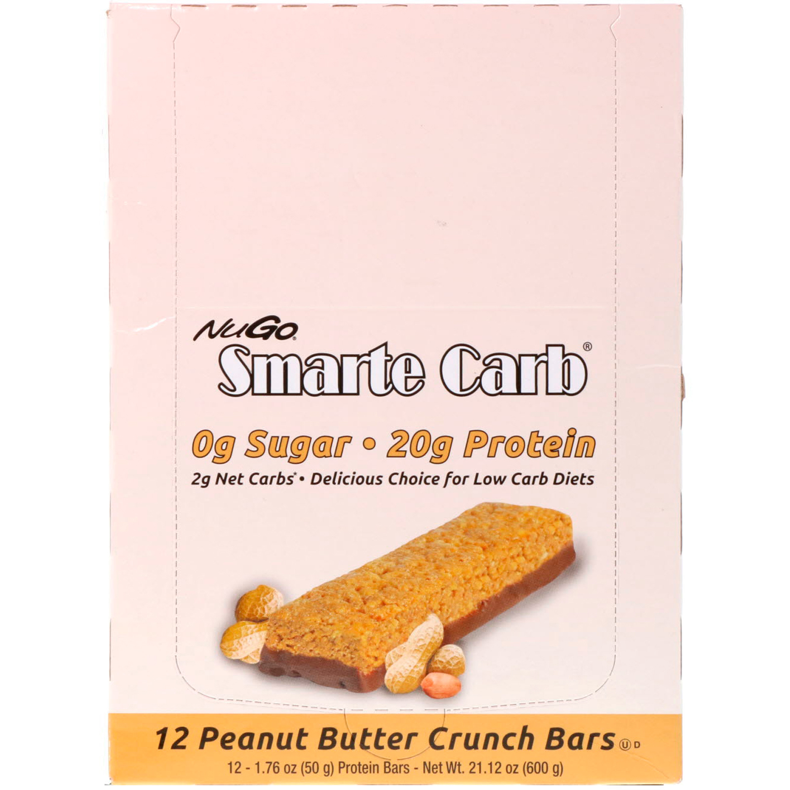 NuGo Nutrition, Smarte Carb Bar, Peanut Butter Crunch, 12 Bars, 1.76 oz (50 g) Each - Imagem 2