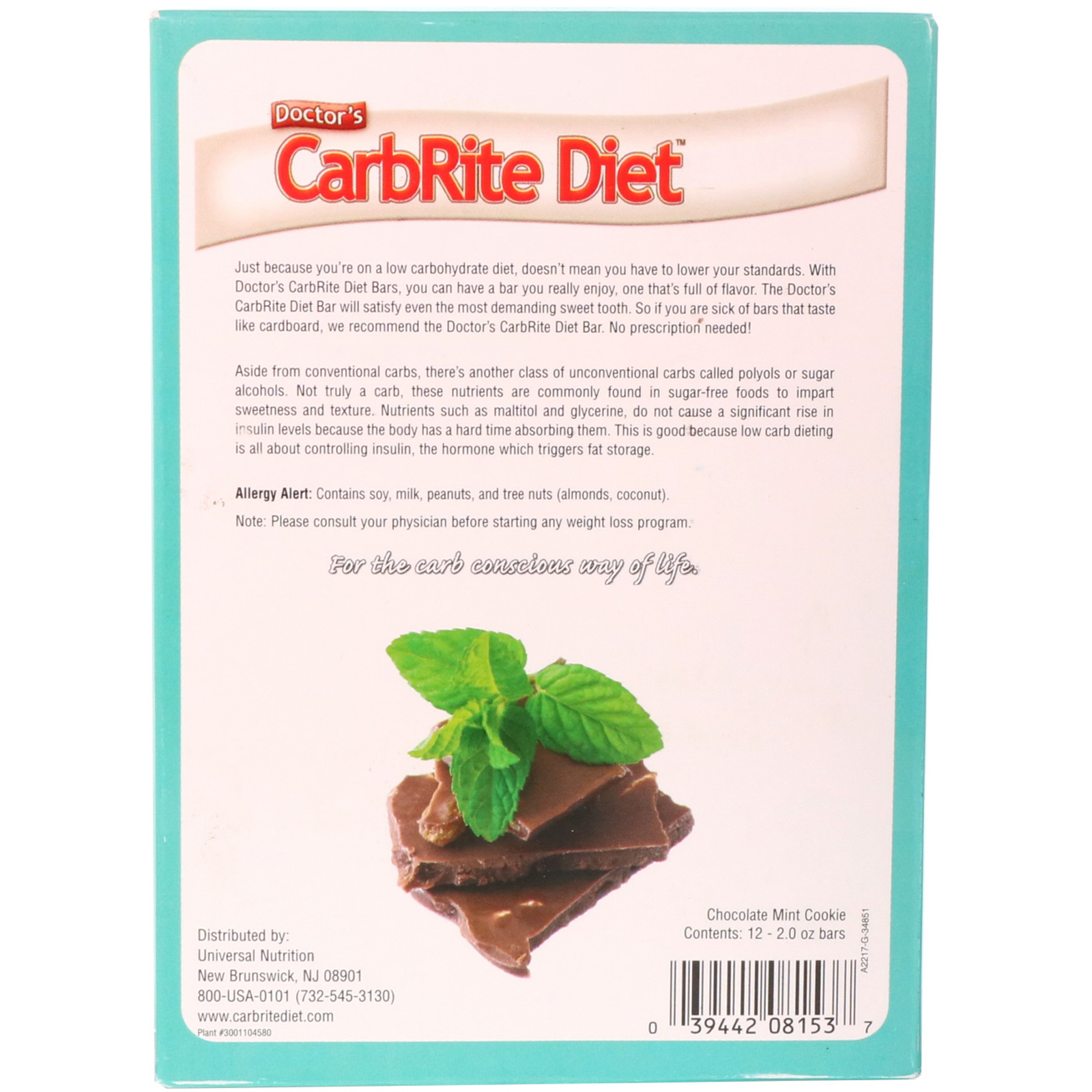Universal Nutrition, Doctor's CarbRite Diet Bars, Chocolate Mint Cookie, 12 Bars, 2.00 oz (56.7 g) Each - Imagem 3