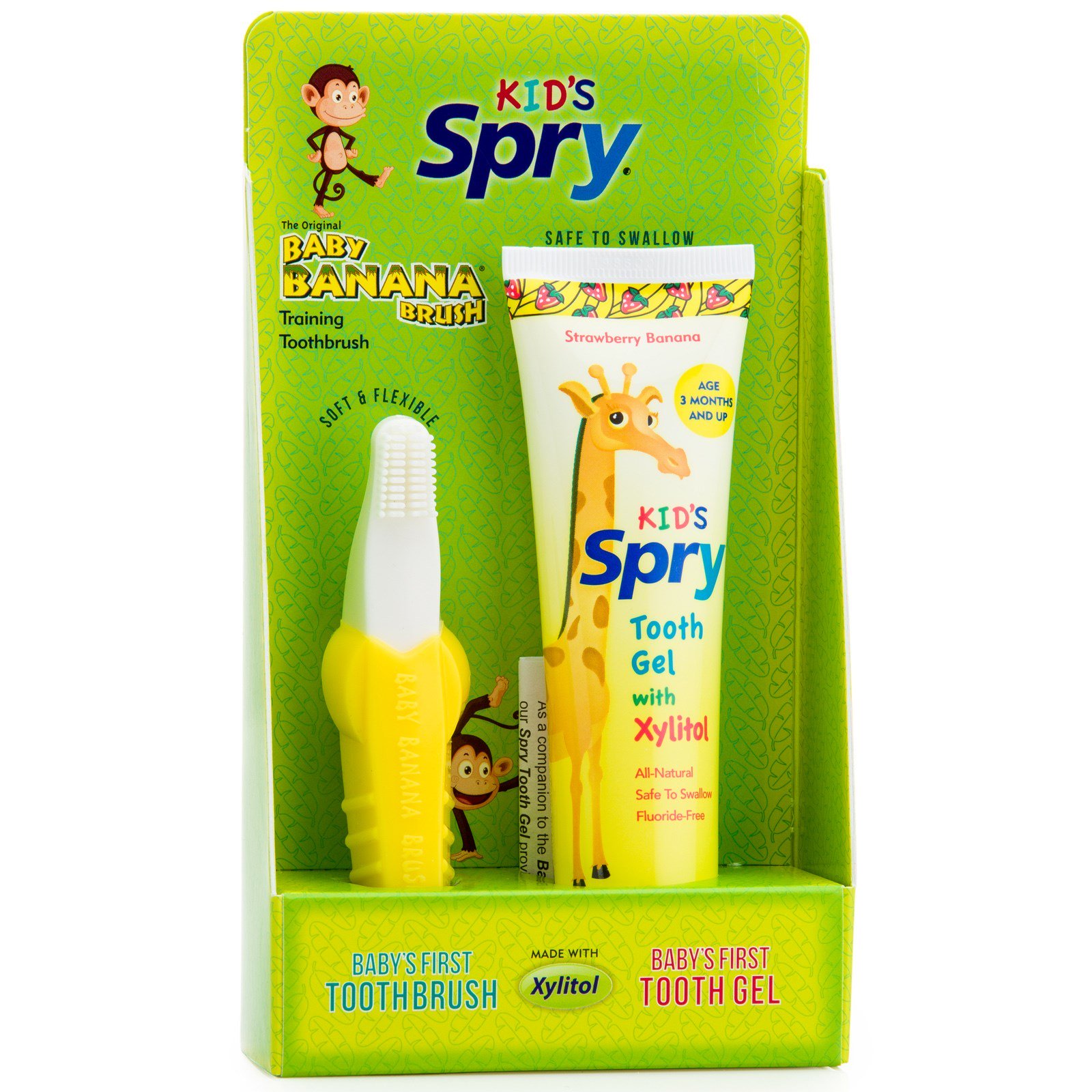 Xlear, A Escova Banana Original para Bebês, Escova de Dentes para Treinamento e Gel, Kit com 2 Peças