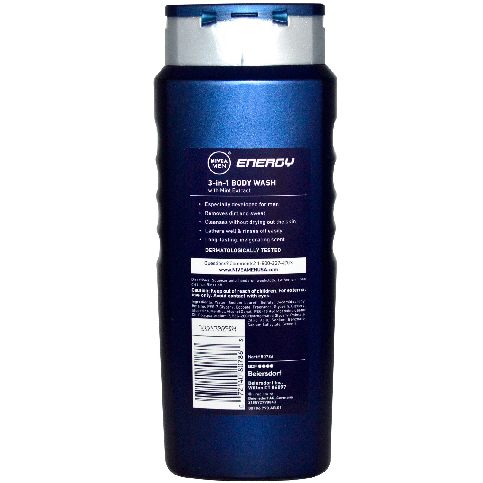 Nivea, 3 em 1 Sabonete Líquido Corporal, para Homens, Energia, 16.9 fl oz (500 ml) - Imagem 2