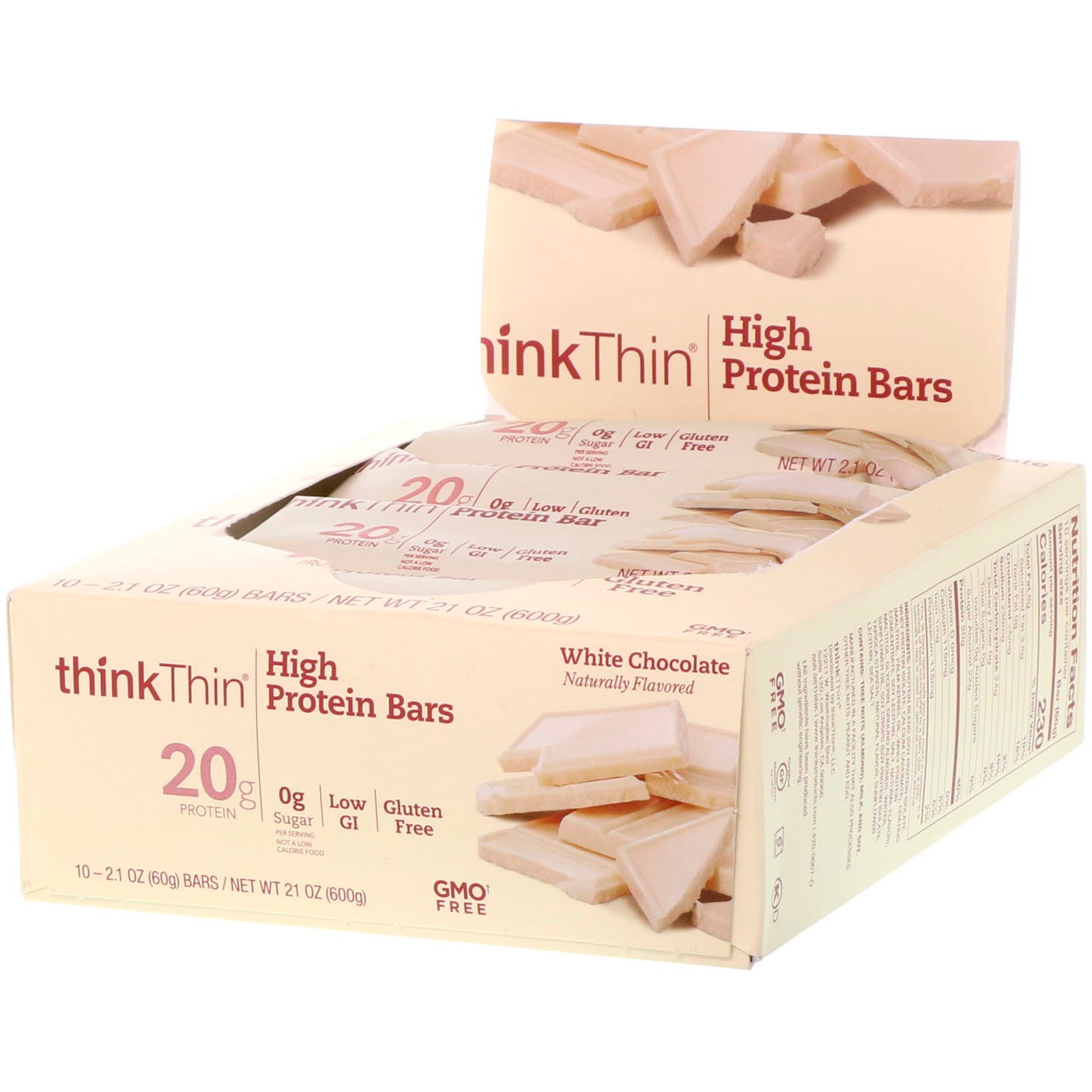 ThinkThin, Barra com Alto Teor de Oroteína, Chocolate Branco, 10 Barras, 60 g (2,1 oz) Cada