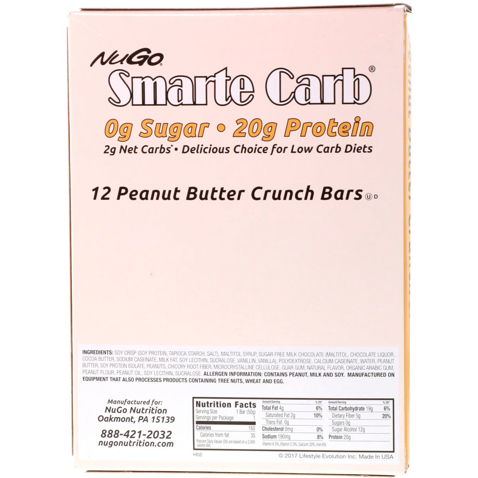 NuGo Nutrition, Smarte Carb Bar, Peanut Butter Crunch, 12 Bars, 1.76 oz (50 g) Each - Imagem 3