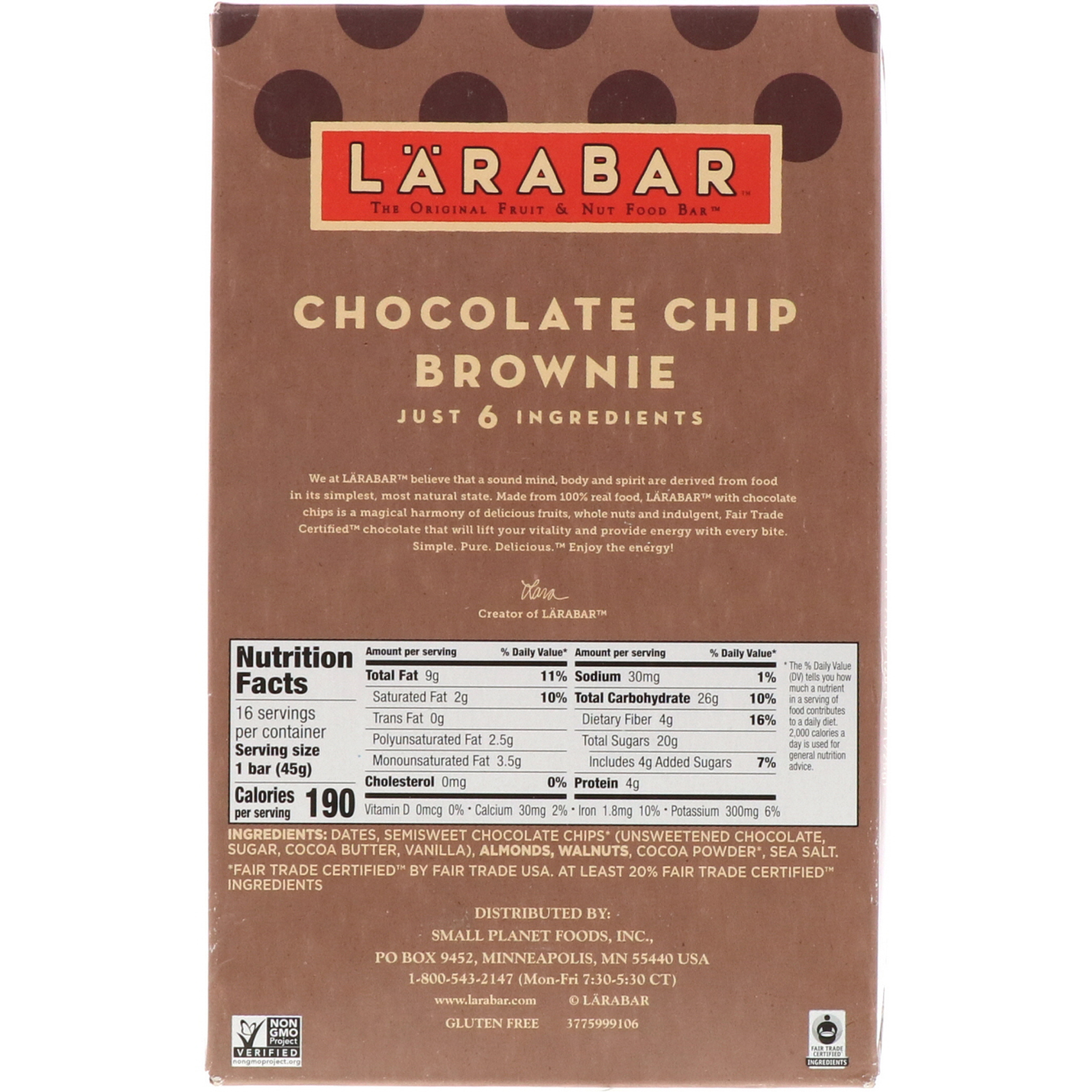 Larabar, The Original Fruit & Nut Food Bar, Chocolate Chip Brownie, 16 Bars, 1.6 oz (45 g) Each - Imagem 3