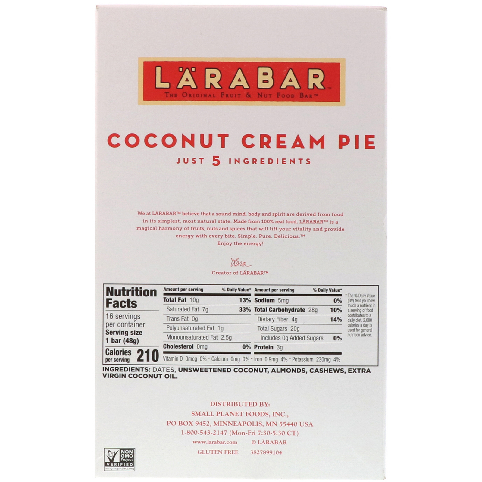 Larabar, The Original Fruit & Nut Food Bar, Coconut Cream Pie, 16 Bars, 1.7 oz (48 g) Each - Imagem 3