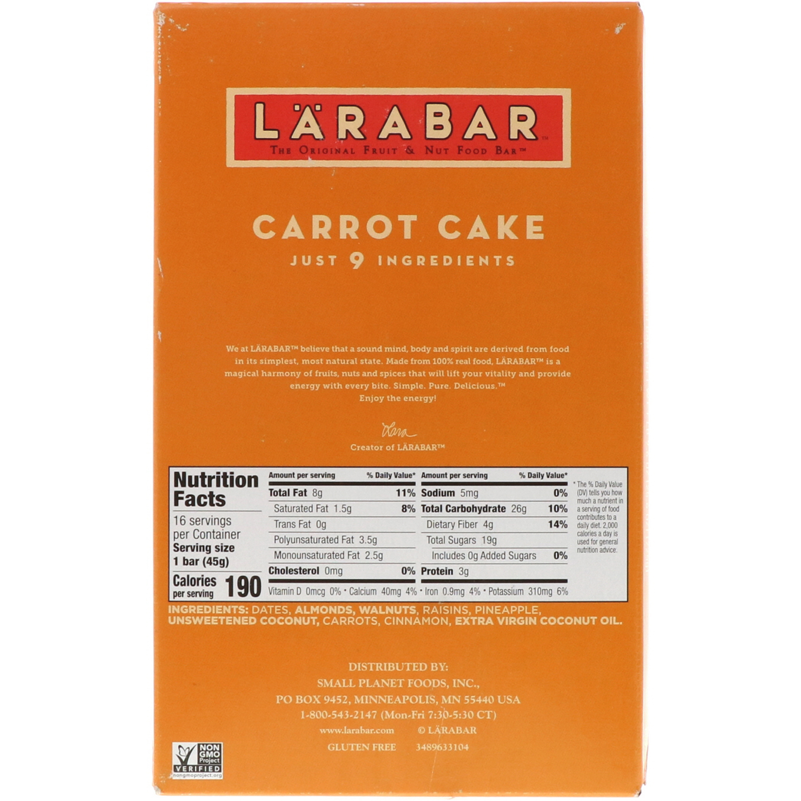 Larabar, The Original Fruit & Nut Food Bar, Carrot Cake, 16 Bars, 1.6 oz (45 g) Each - Imagem 3