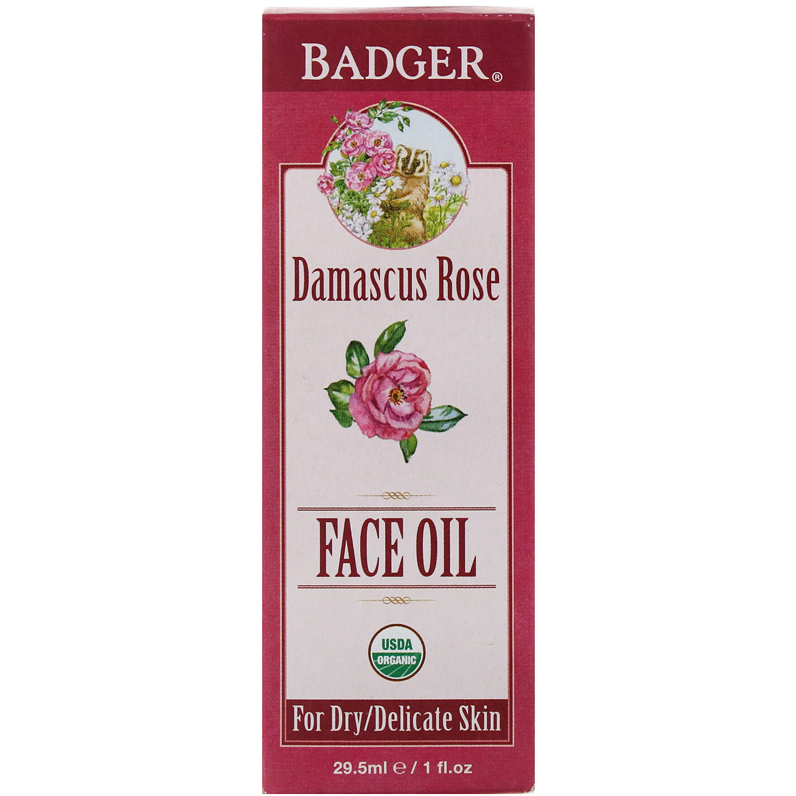 Badger Company, Organic, Face Oil, Damascus Rose, For Dry, Delicate Skin, 1 fl oz (29.5 ml)