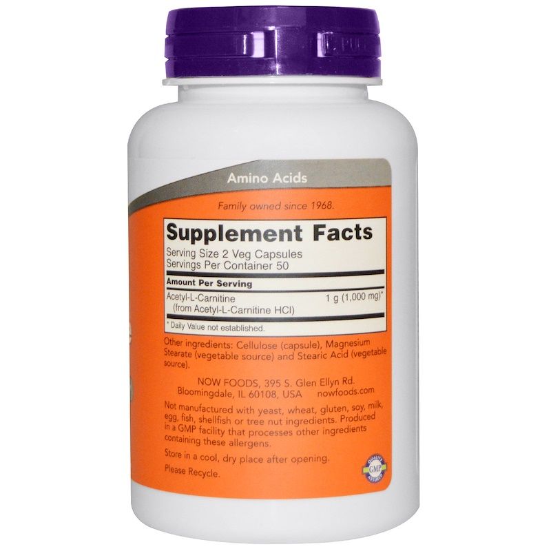 NOW Foods Acetyl-L Carnitine 500 mg - 100 Veg Capsules - Imagem 2