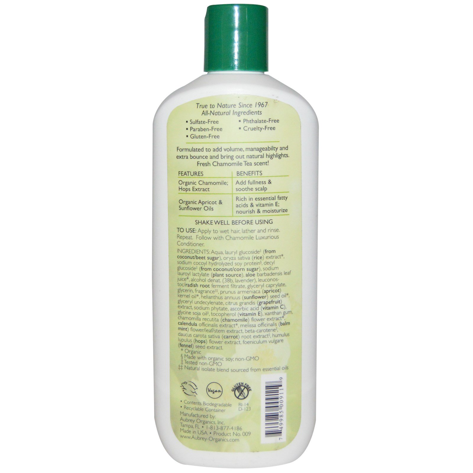 Aubrey Organics, Shampoo Luxuoso de Camomila, Estimulante para o Corpo, Normal, 11 fl oz (325 ml) - Imagem 2
