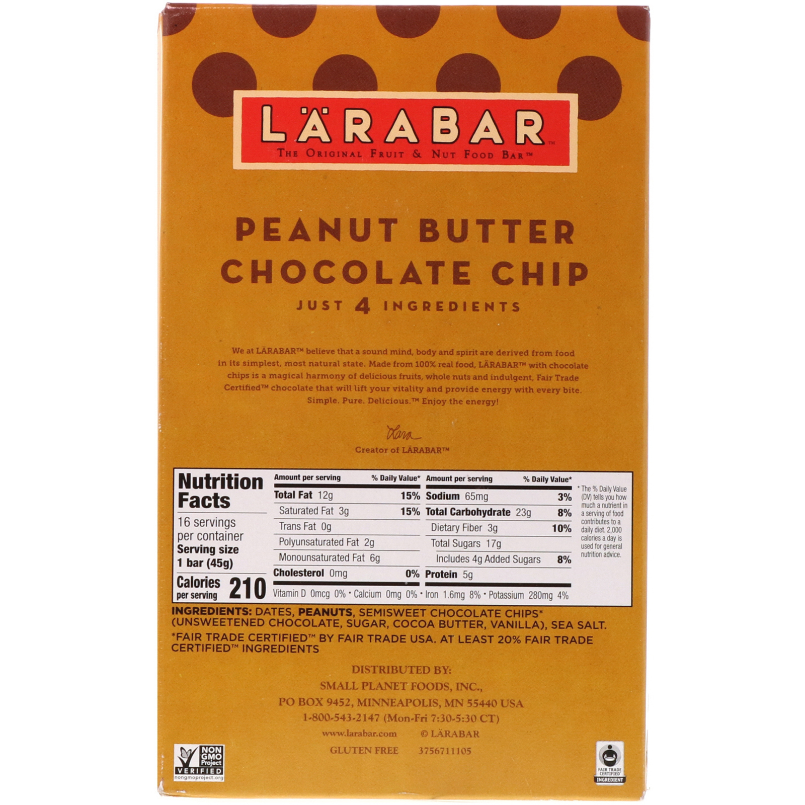Larabar, The Original Fruit & Nut Food Bar, Peanut Butter Chocolate Chip, 16 Bars, 1.6 oz (45 g) Each - Imagem 3
