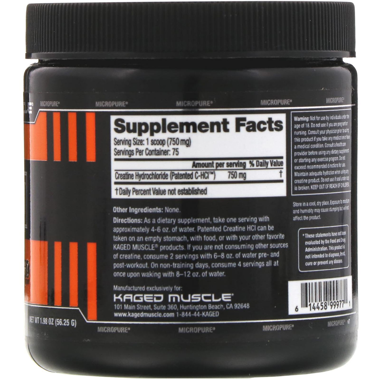 Kaged Muscle, C-HCI Patenteado, Creatina HCI, Sem Sabor, 1,98 oz (56,25 g) - Imagem 2